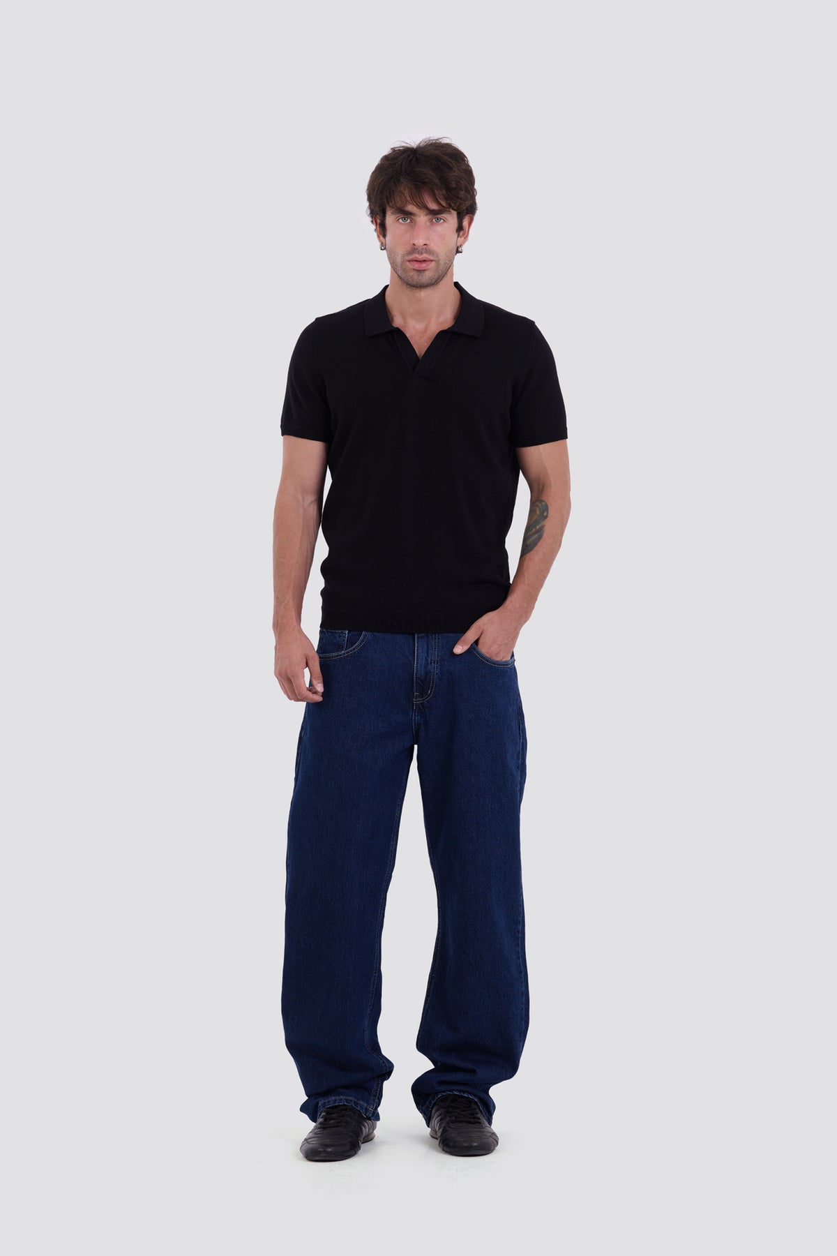 03C Relaxed Black Knit V-Neck Polo Shirt