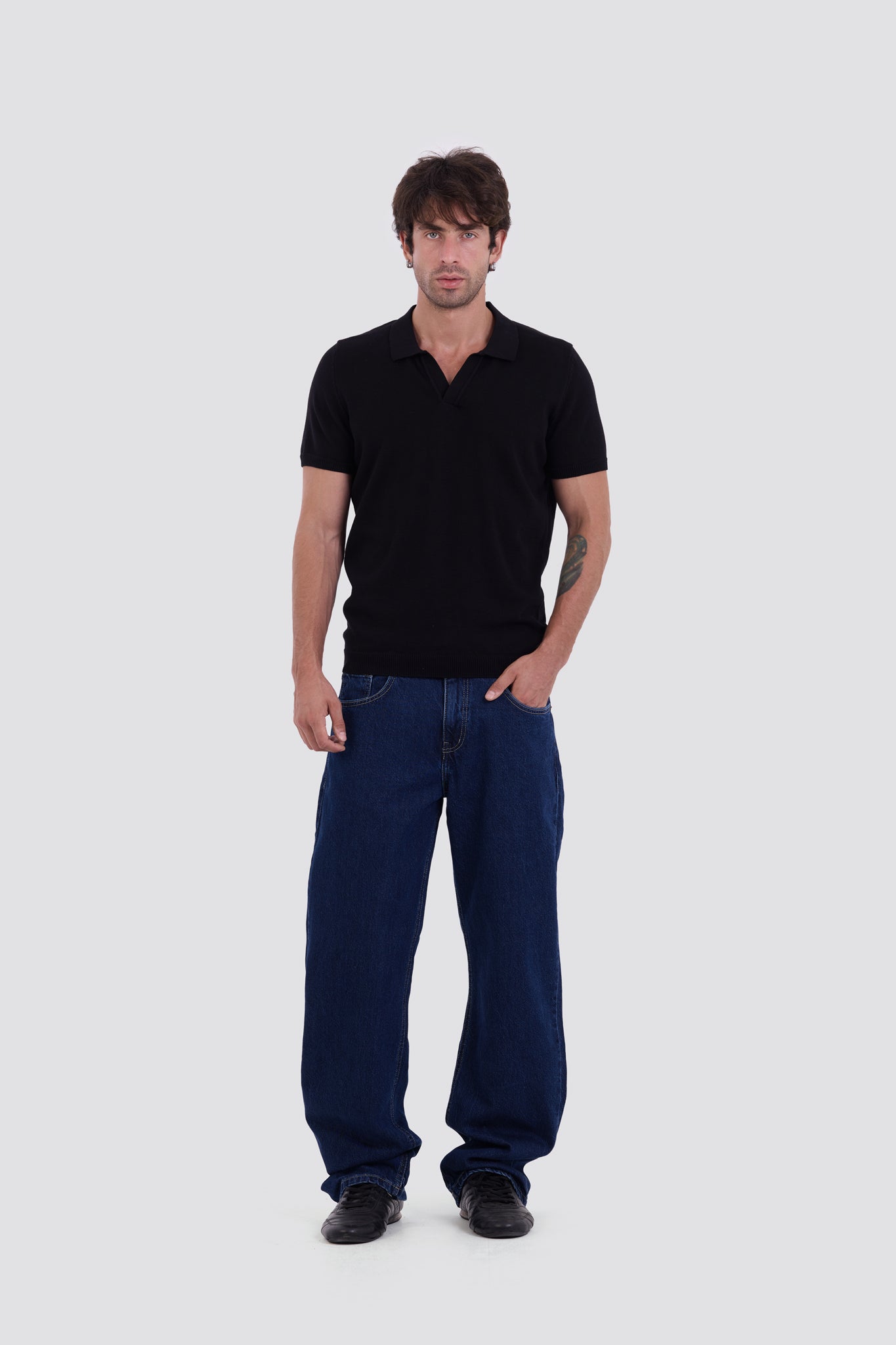 03C Relaxed Black Knit V-Neck Polo Shirt