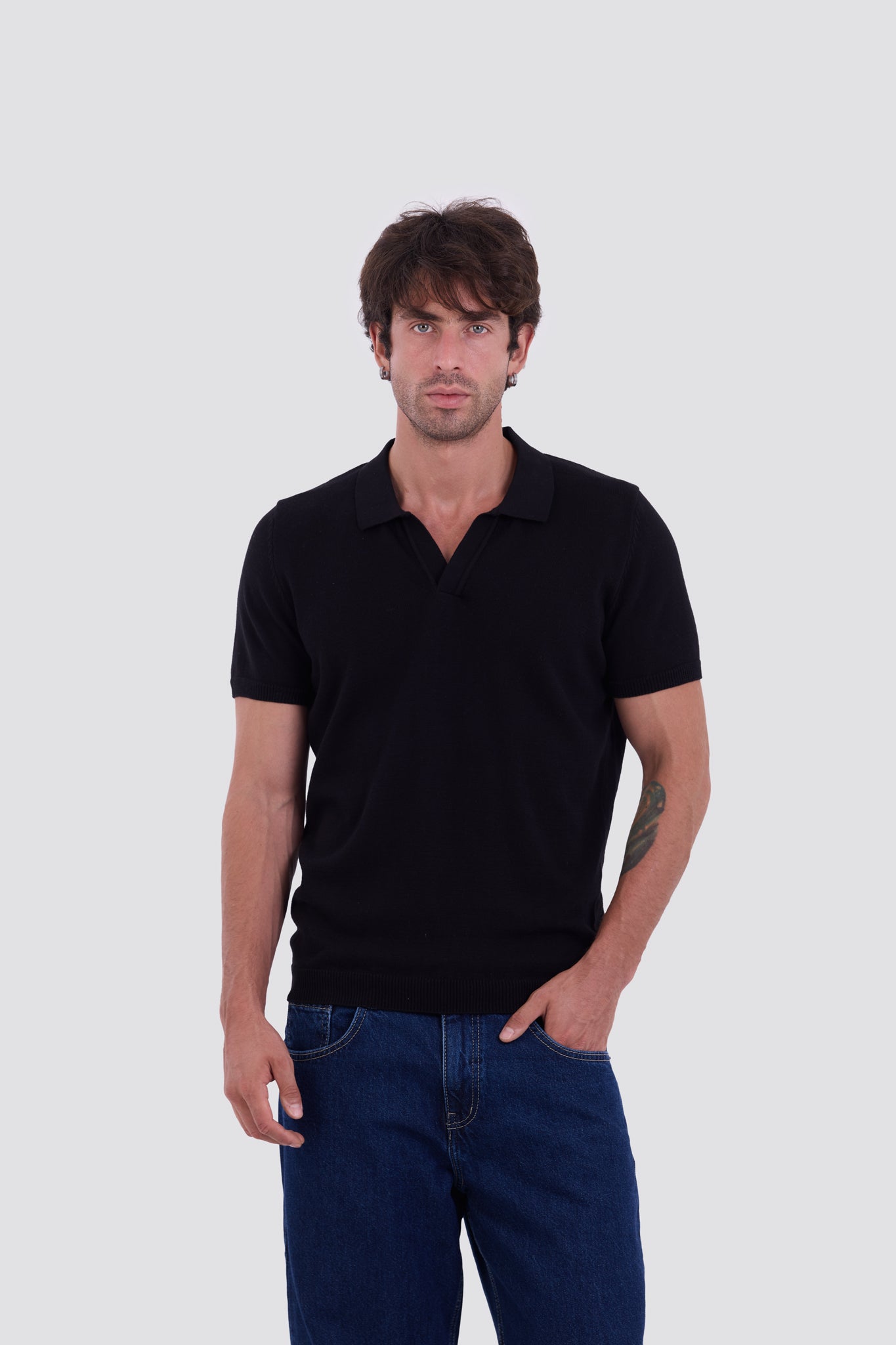 03C Relaxed Black Knit V-Neck Polo Shirt