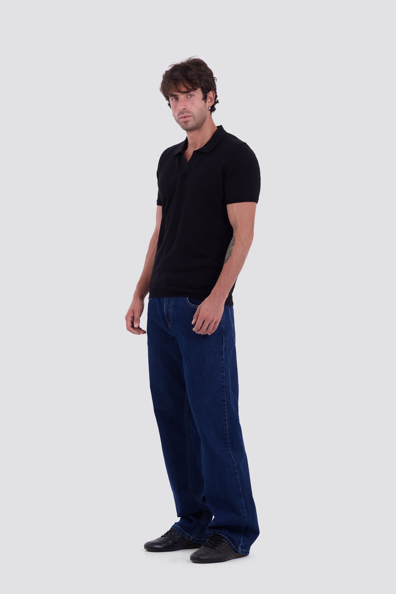03C Relaxed Black Knit V-Neck Polo Shirt