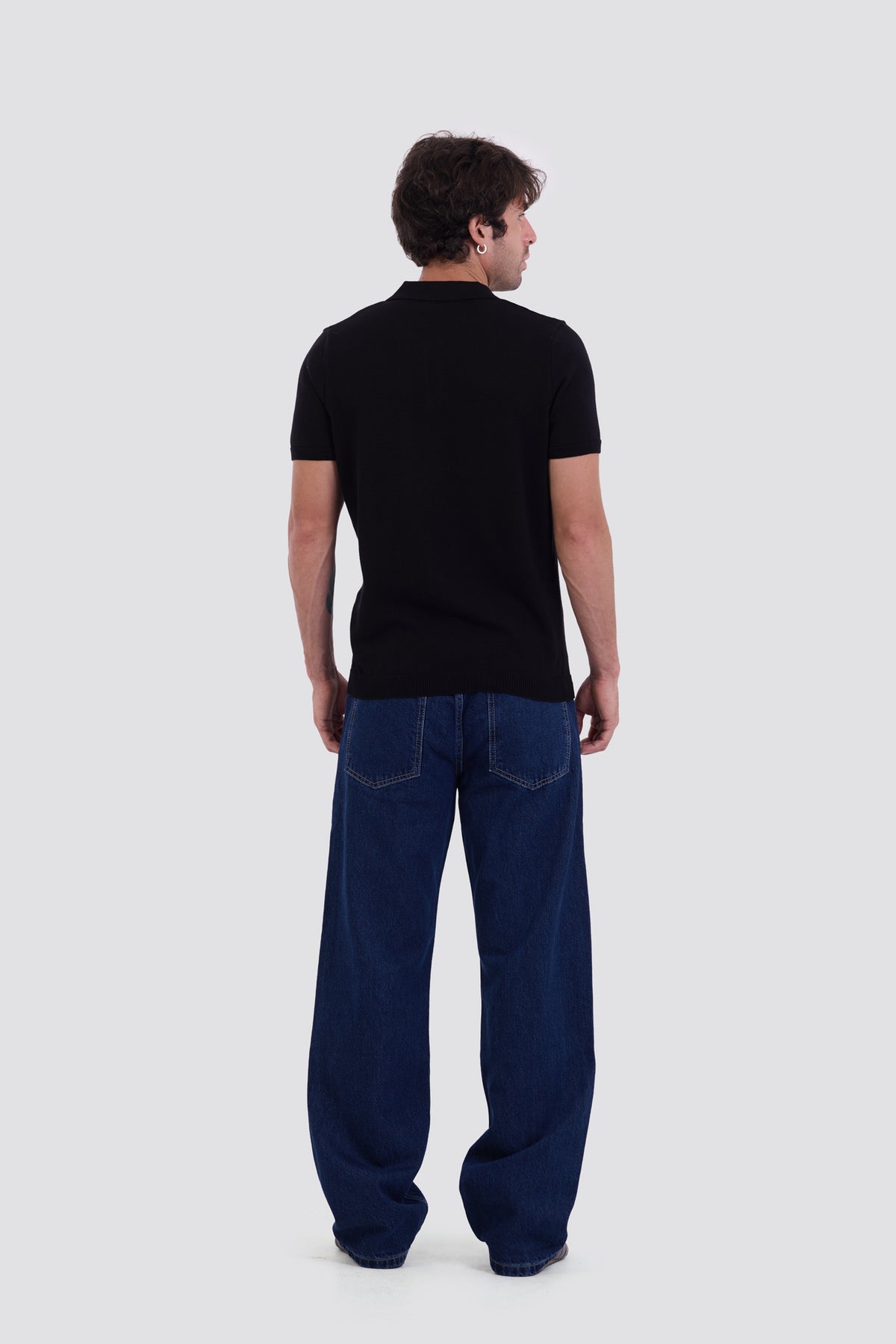 03C Relaxed Black Knit V-Neck Polo Shirt