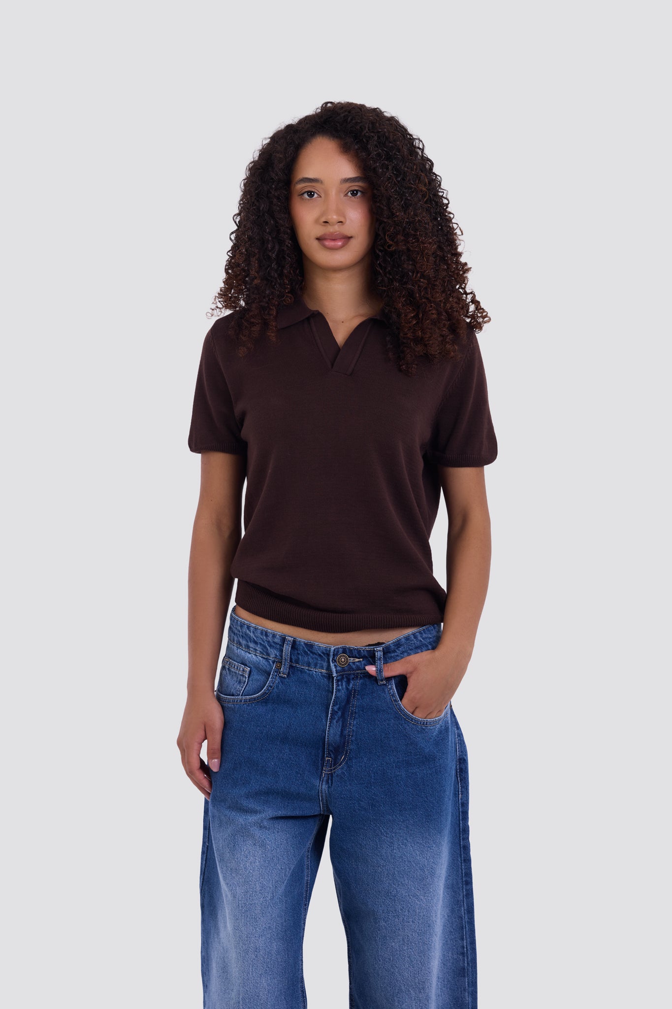 03C Relaxed Brown Knit V-Neck Polo Shirt