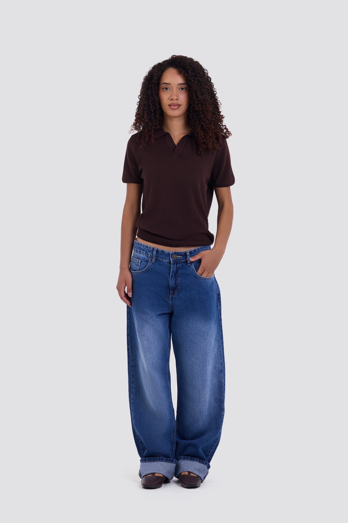 03C Relaxed Brown Knit V-Neck Polo Shirt