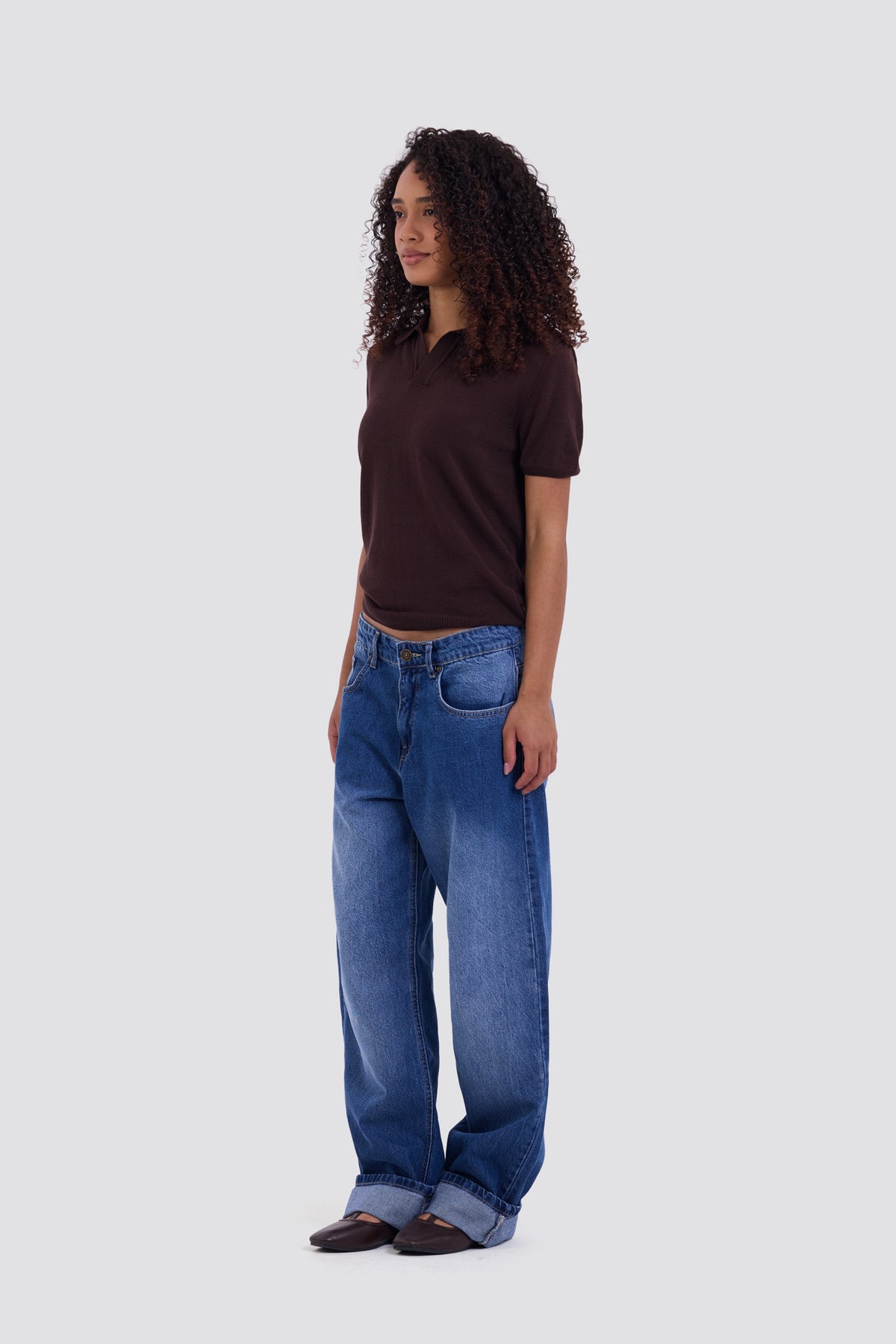 03C Relaxed Brown Knit V-Neck Polo Shirt