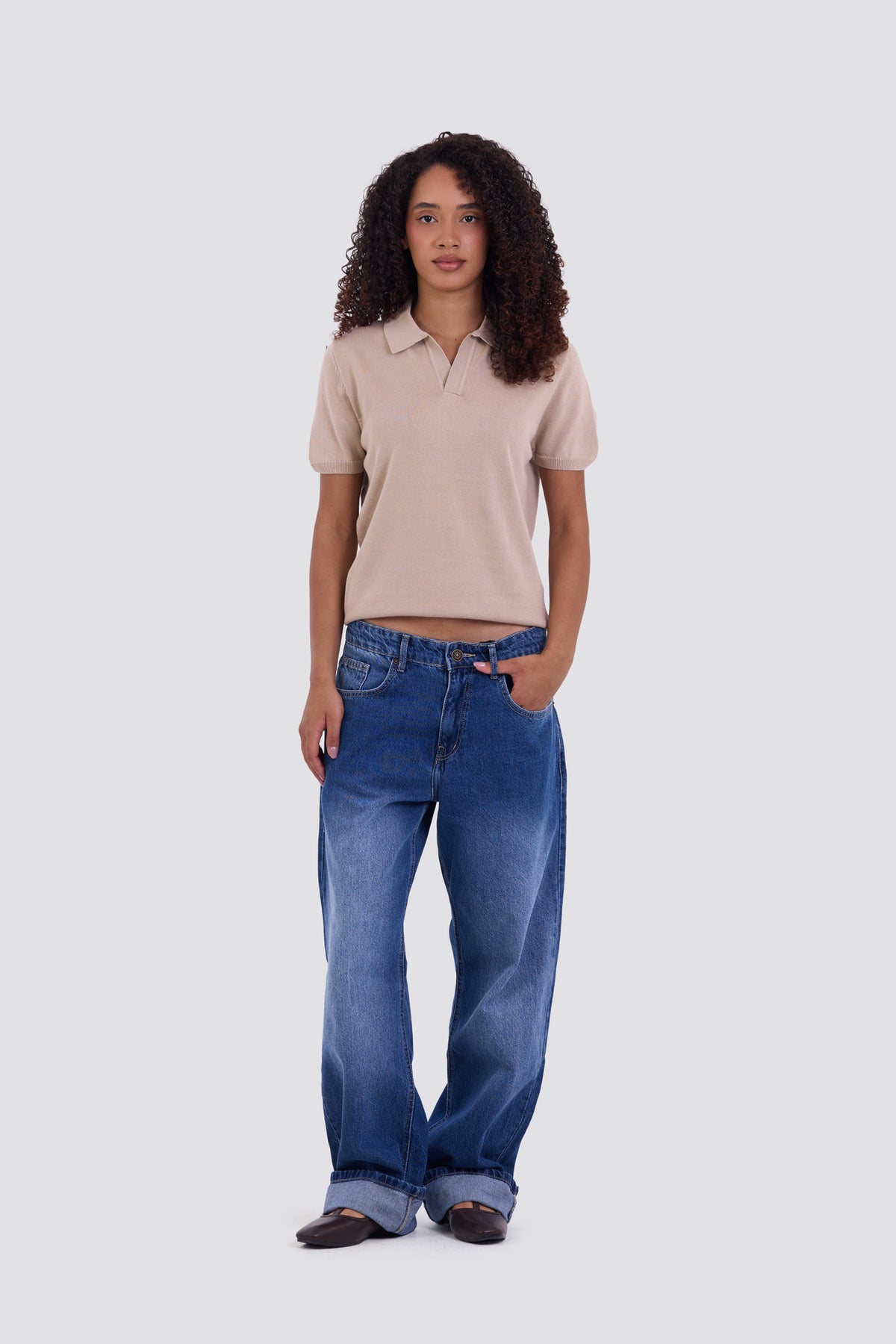 03C Relaxed Beige Knit V-Neck Polo Shirt