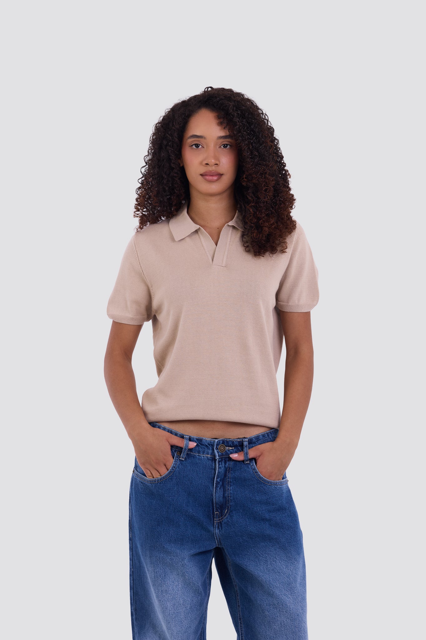 03C Relaxed Beige Knit V-Neck Polo Shirt