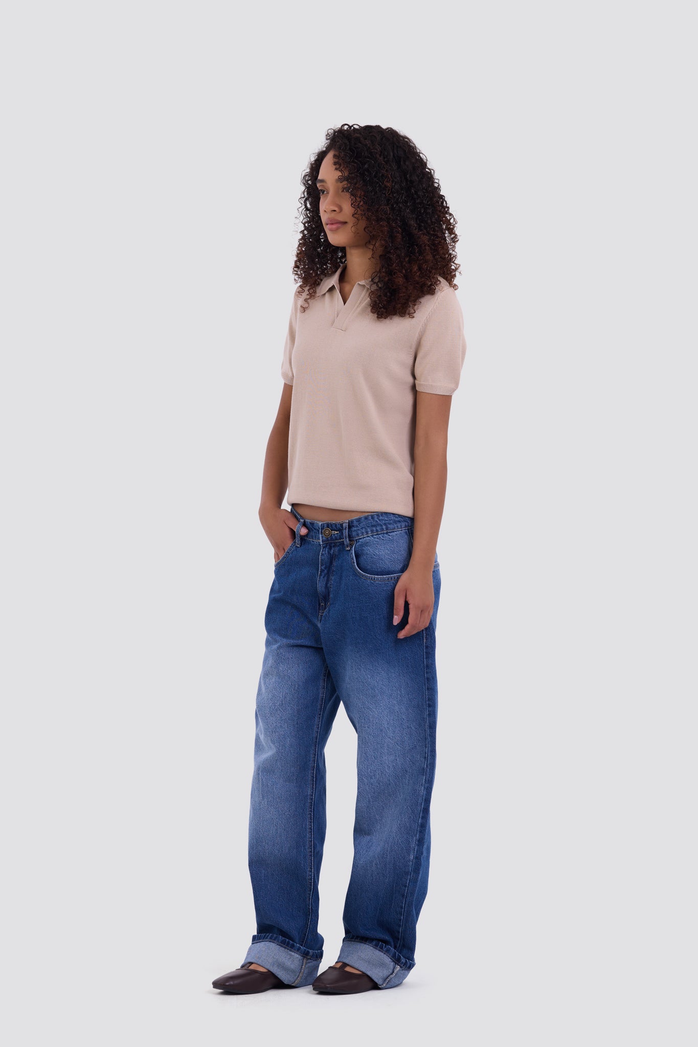 03C Relaxed Beige Knit V-Neck Polo Shirt