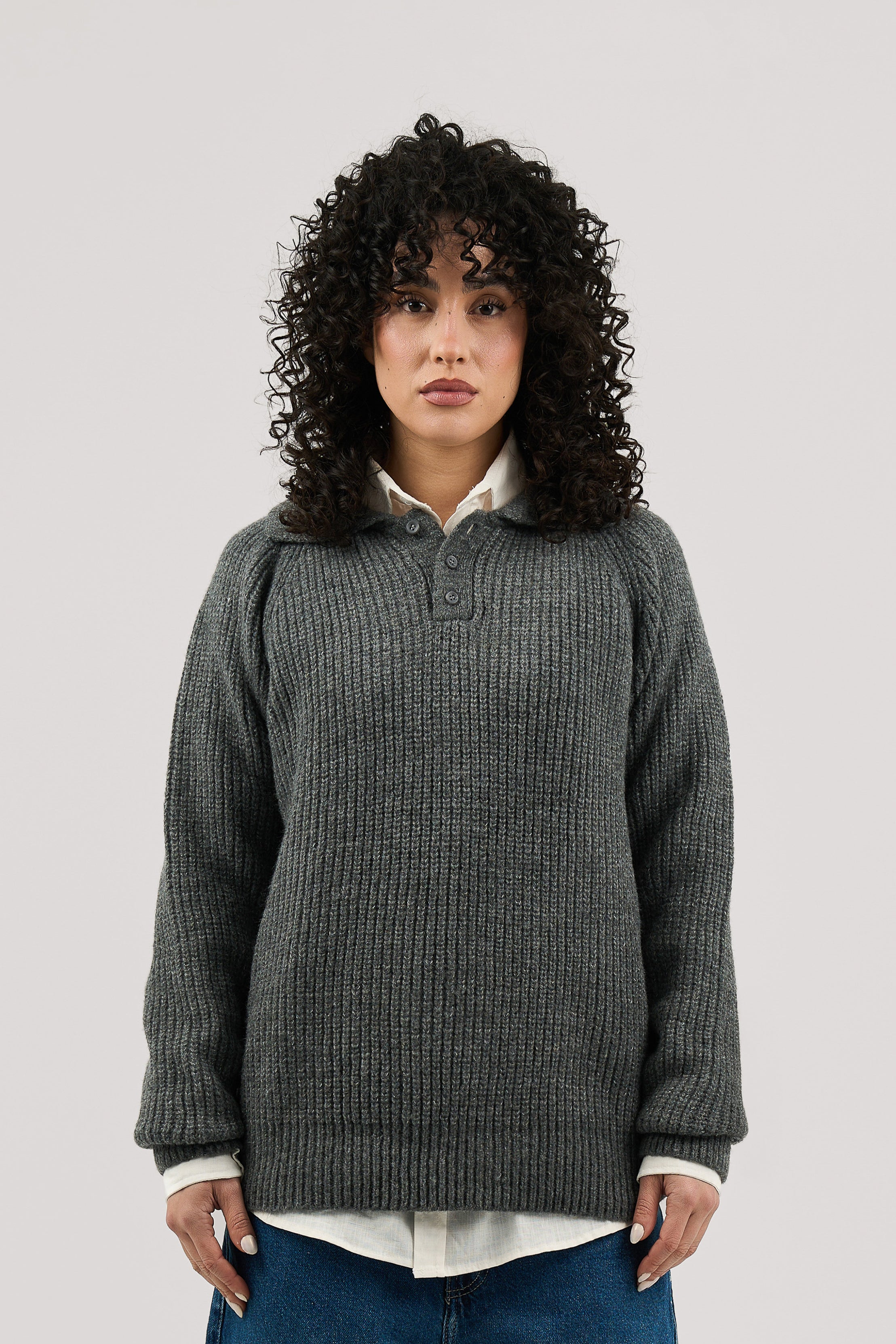 Dark Grey Ribbed Polo Knitted