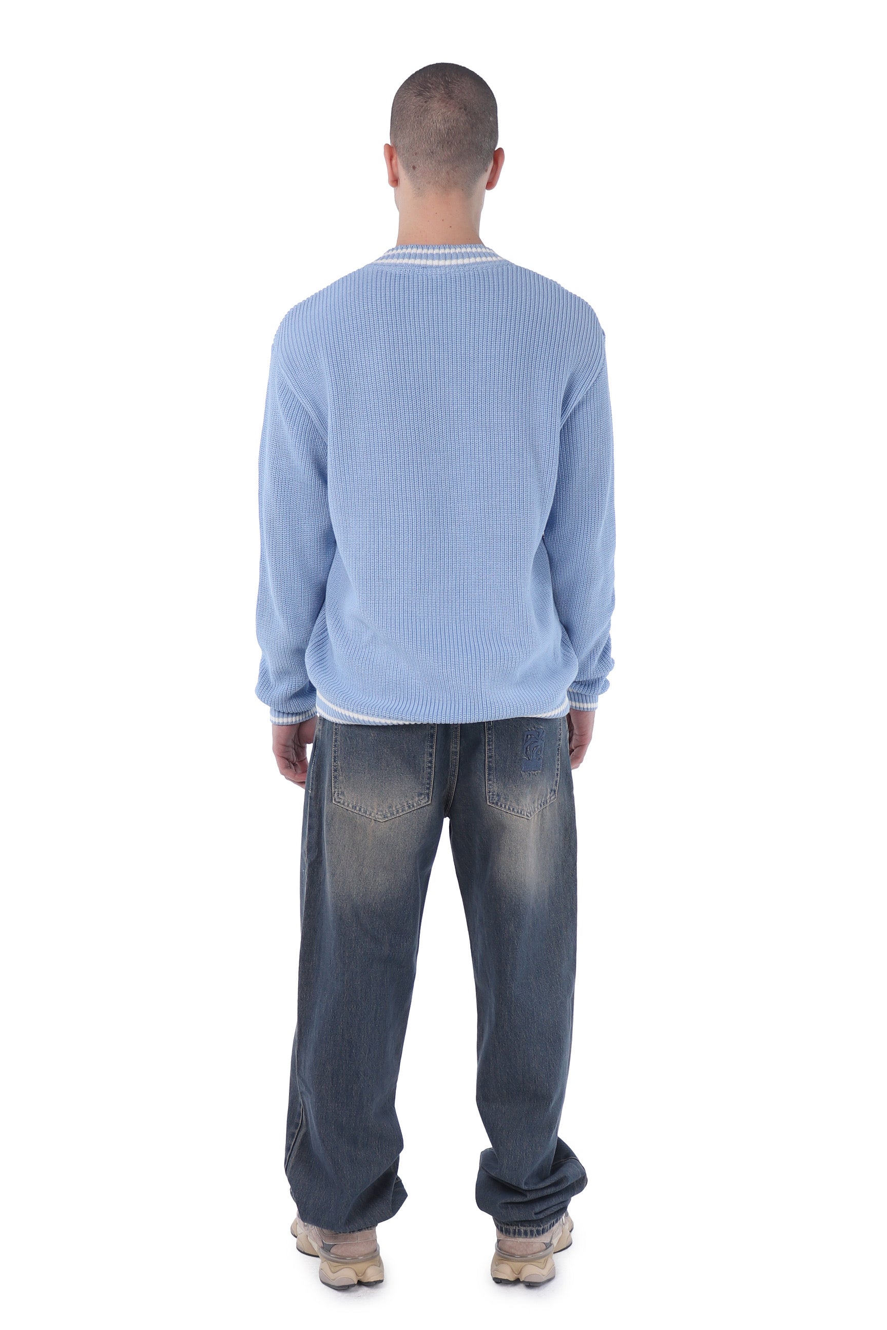 Blue Knitted Oversized V-neck Sweater