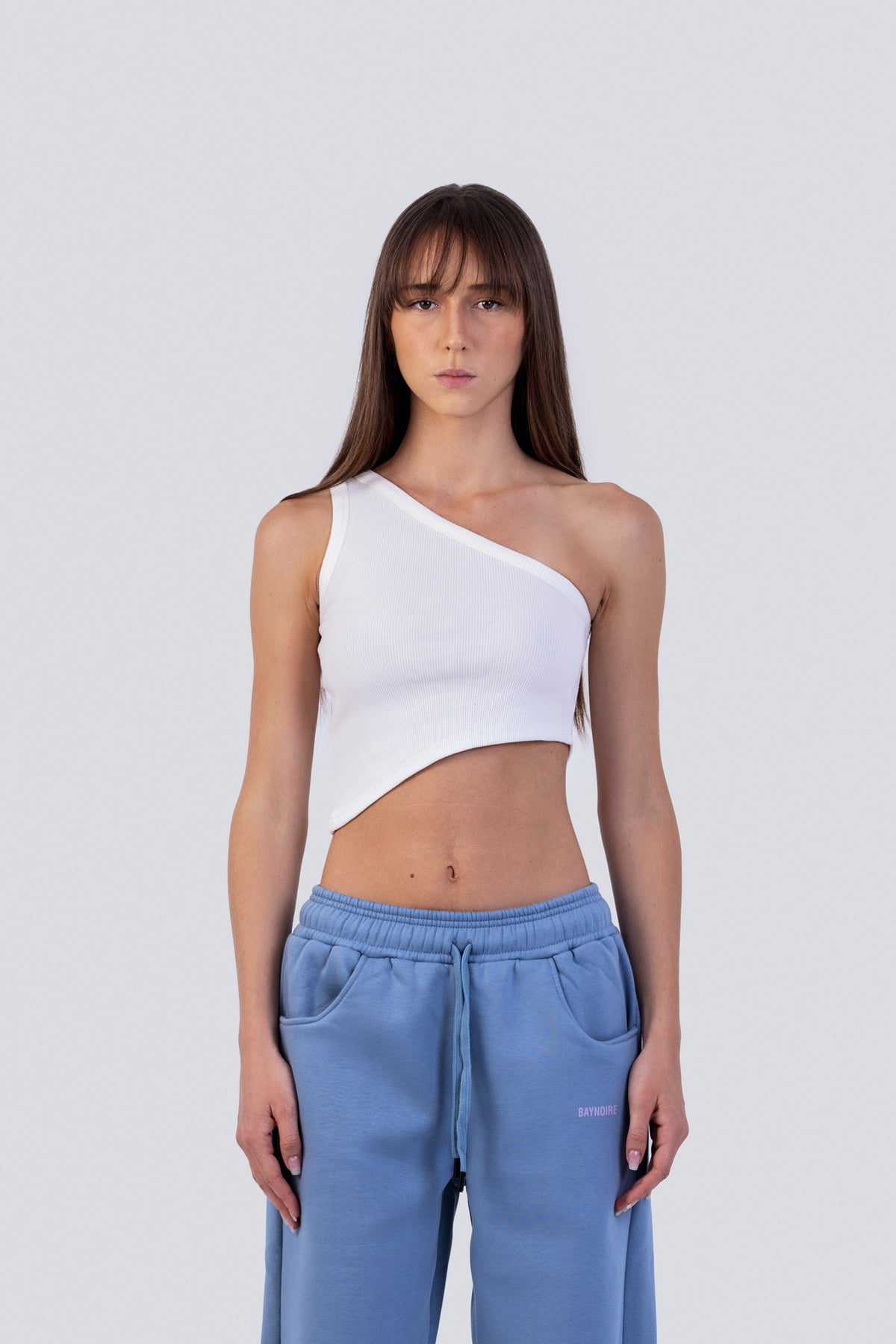 White Ribbed One Shoulder Crop Top