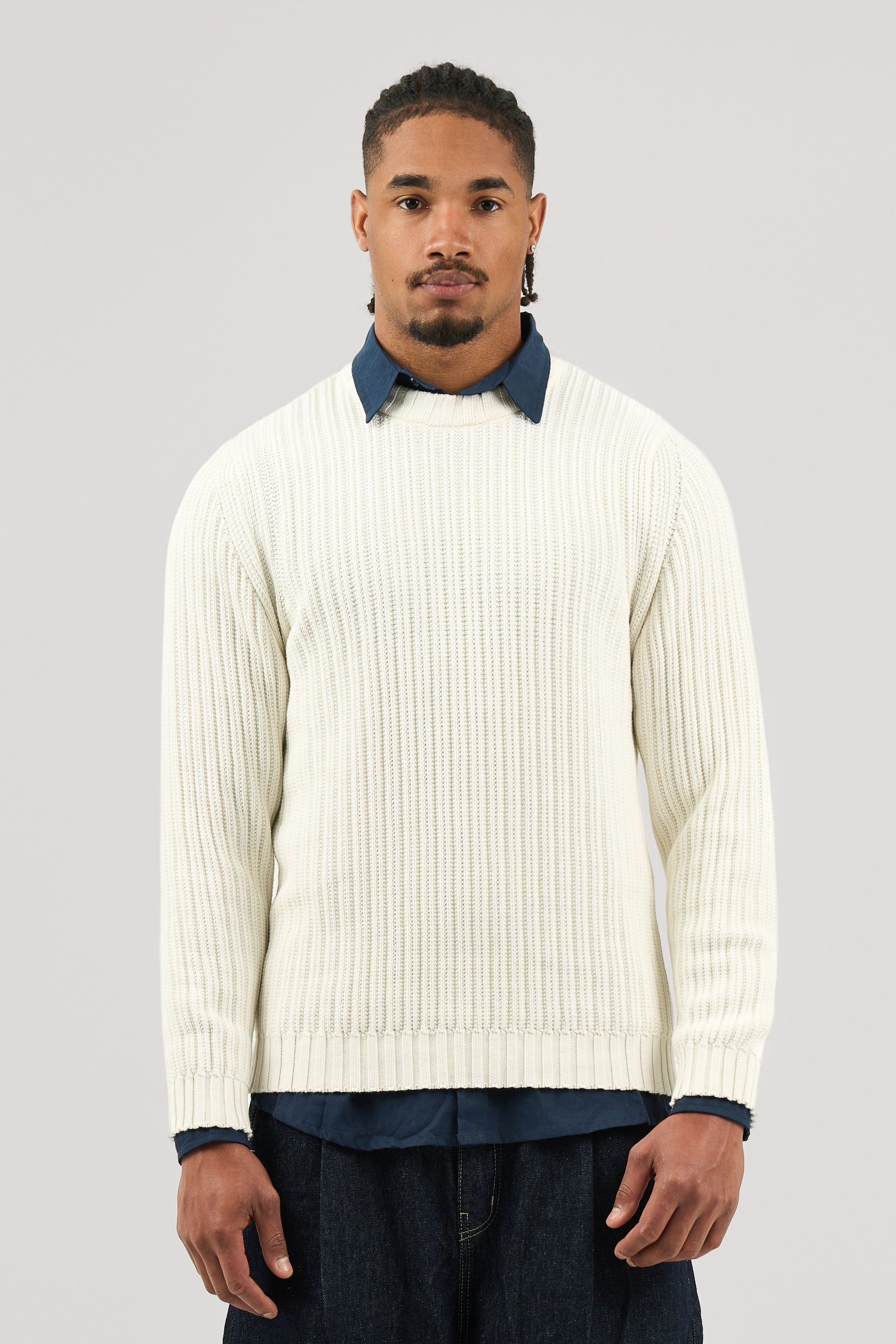 White Ribbed knit Crew Neck