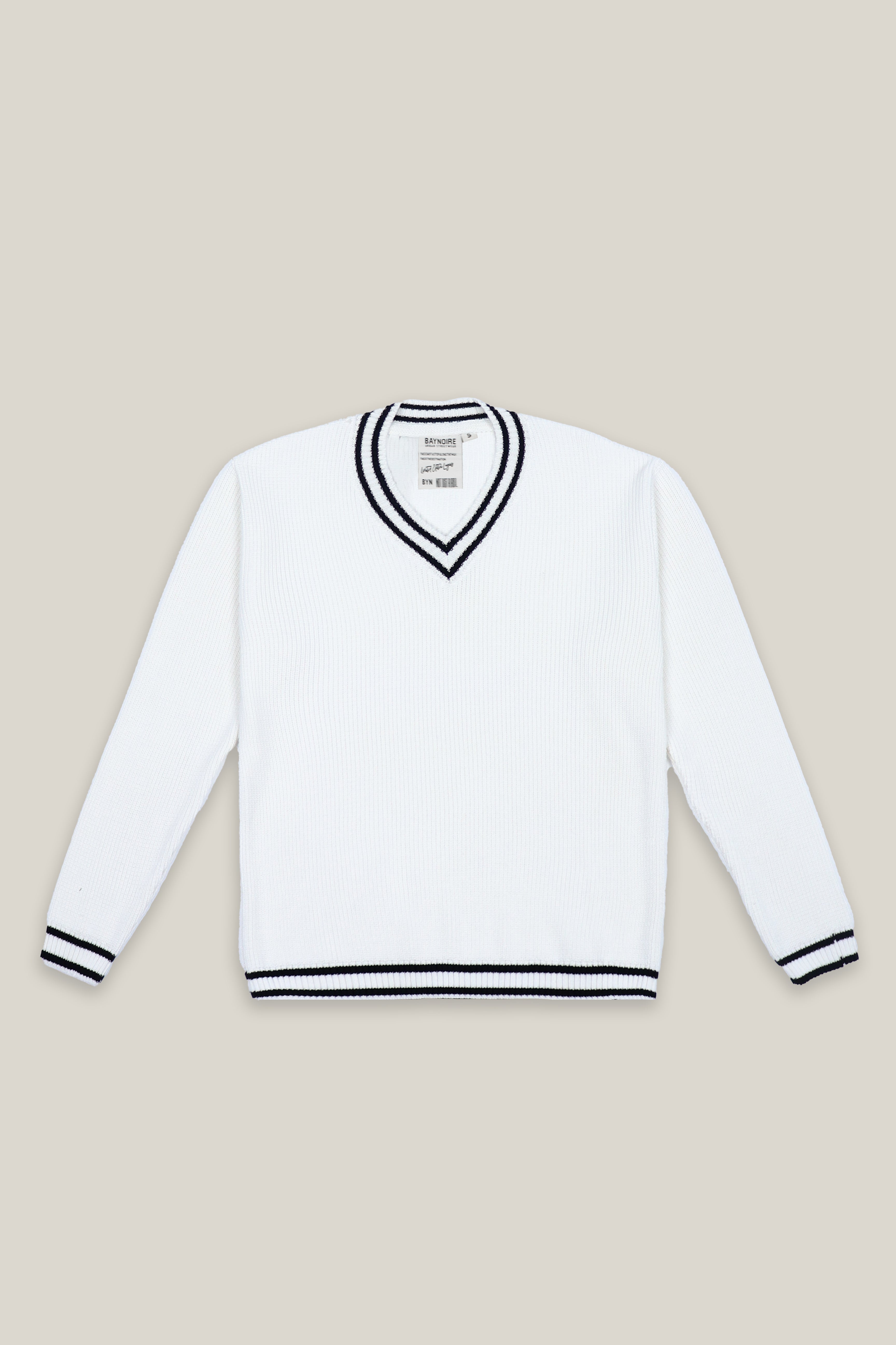 White Knitted Oversized V-neck Sweater