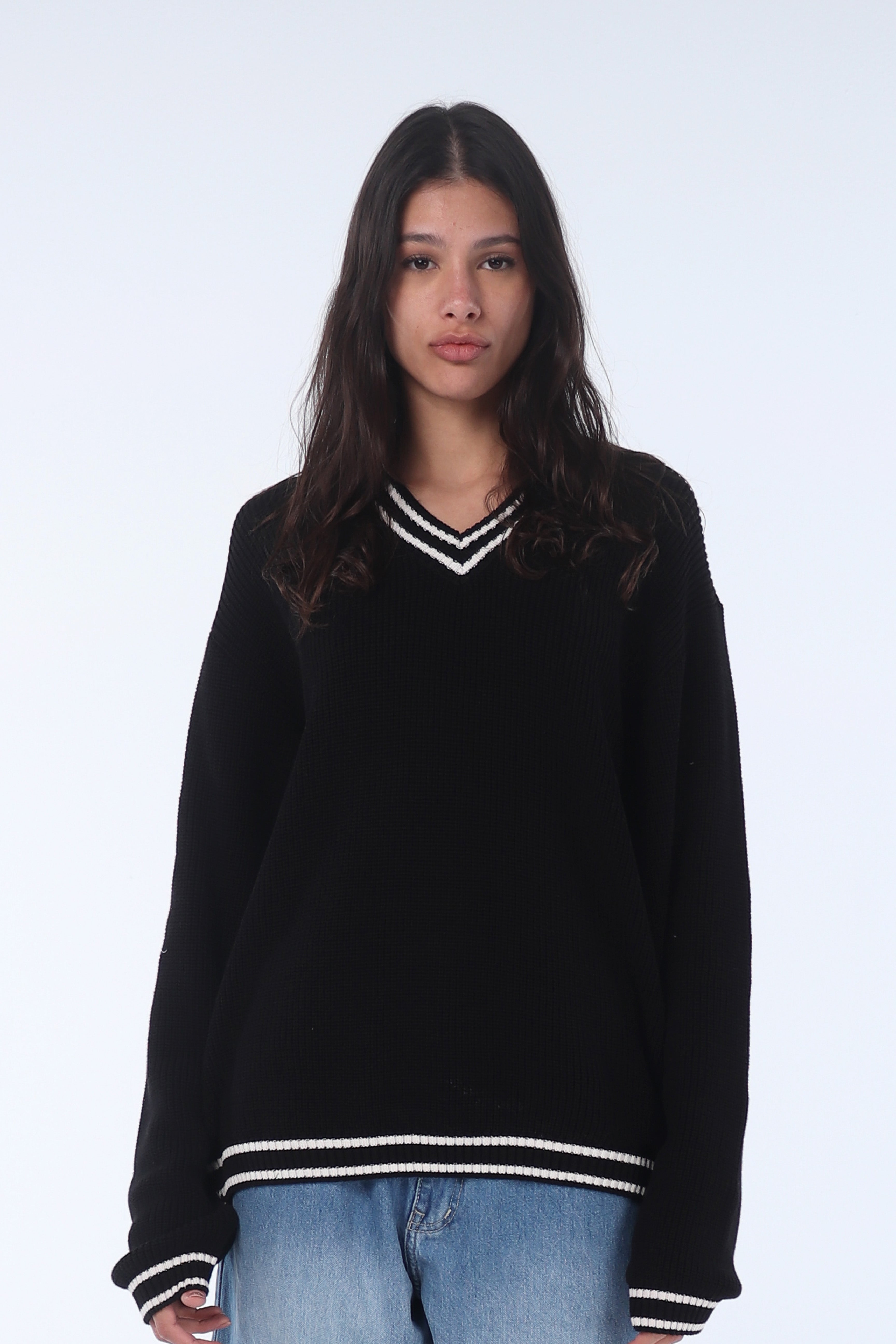 Black Knitted Oversized V-neck Sweater