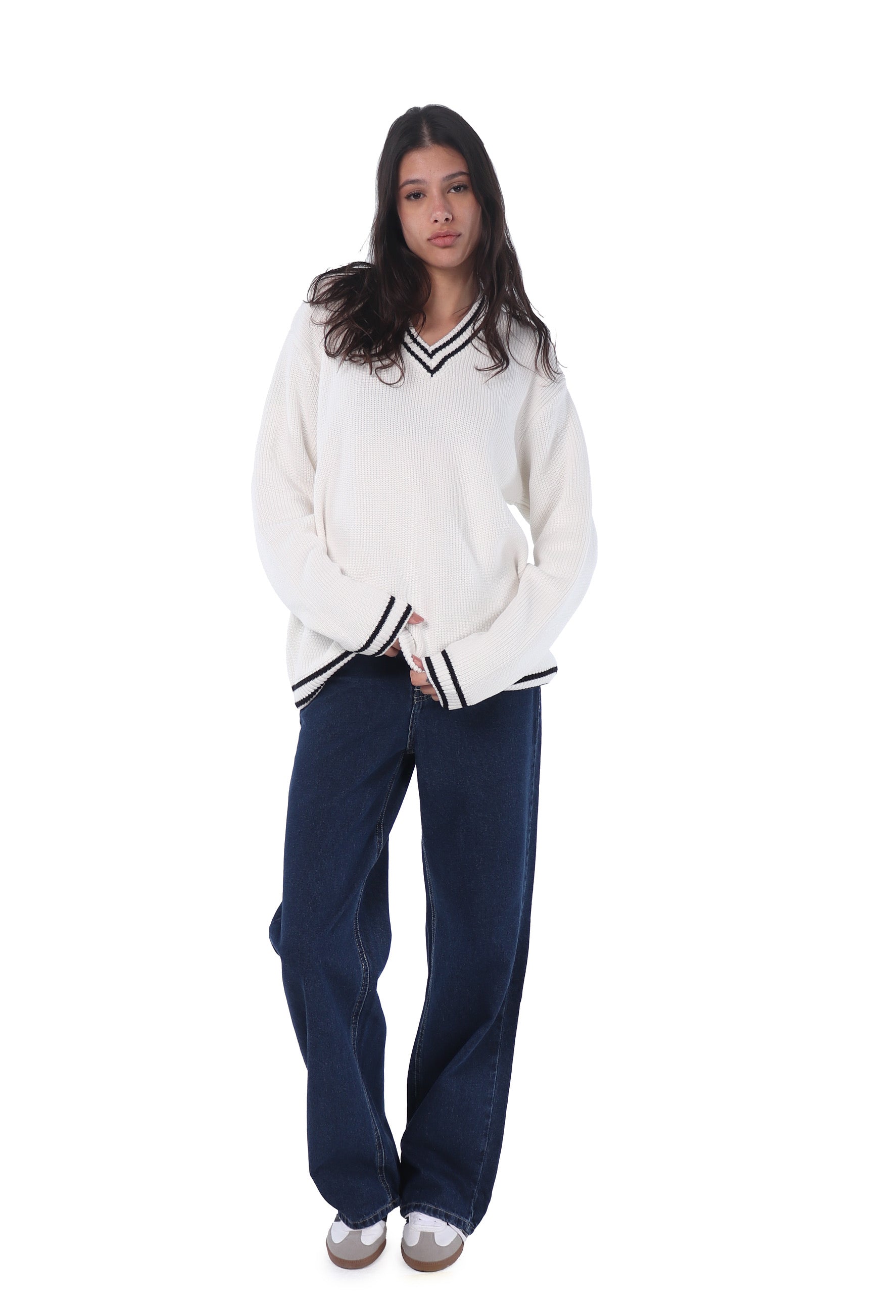 White Knitted Oversized V-neck Sweater