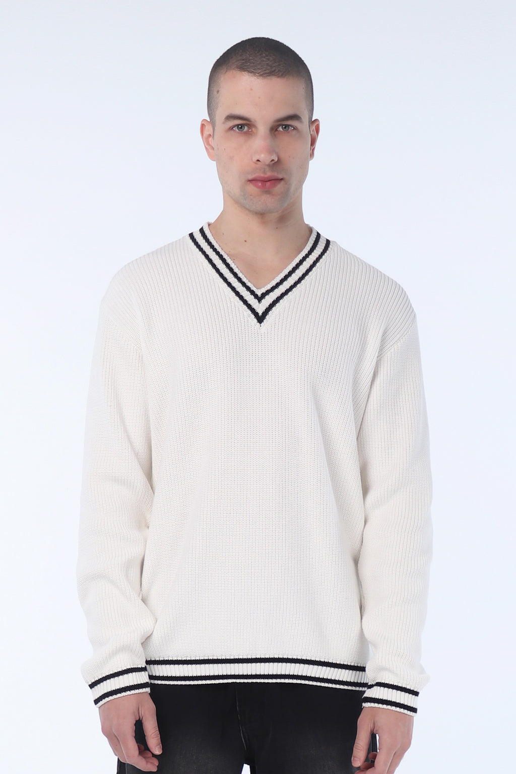 White Knitted Oversized V-neck Sweater