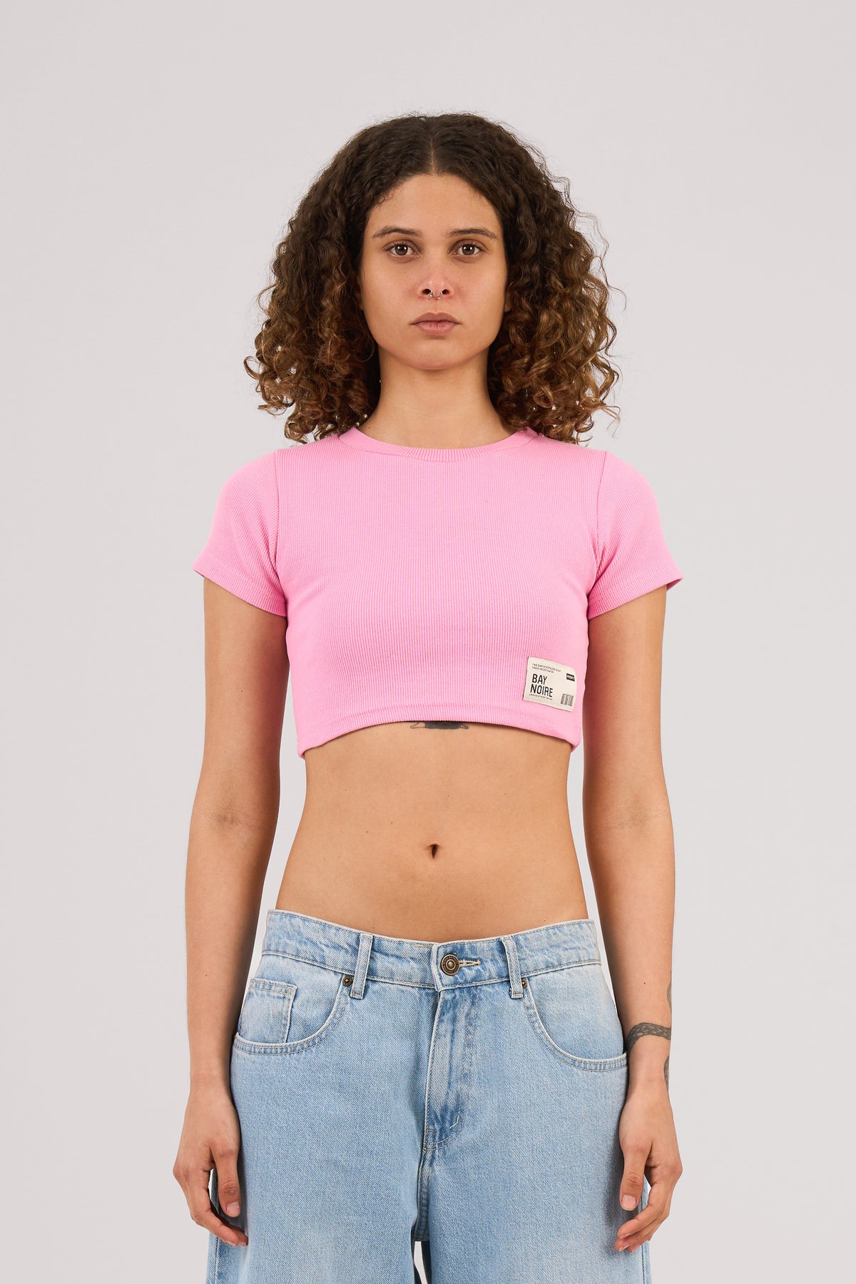 Pink Ribbed Cropped T-Shirt
