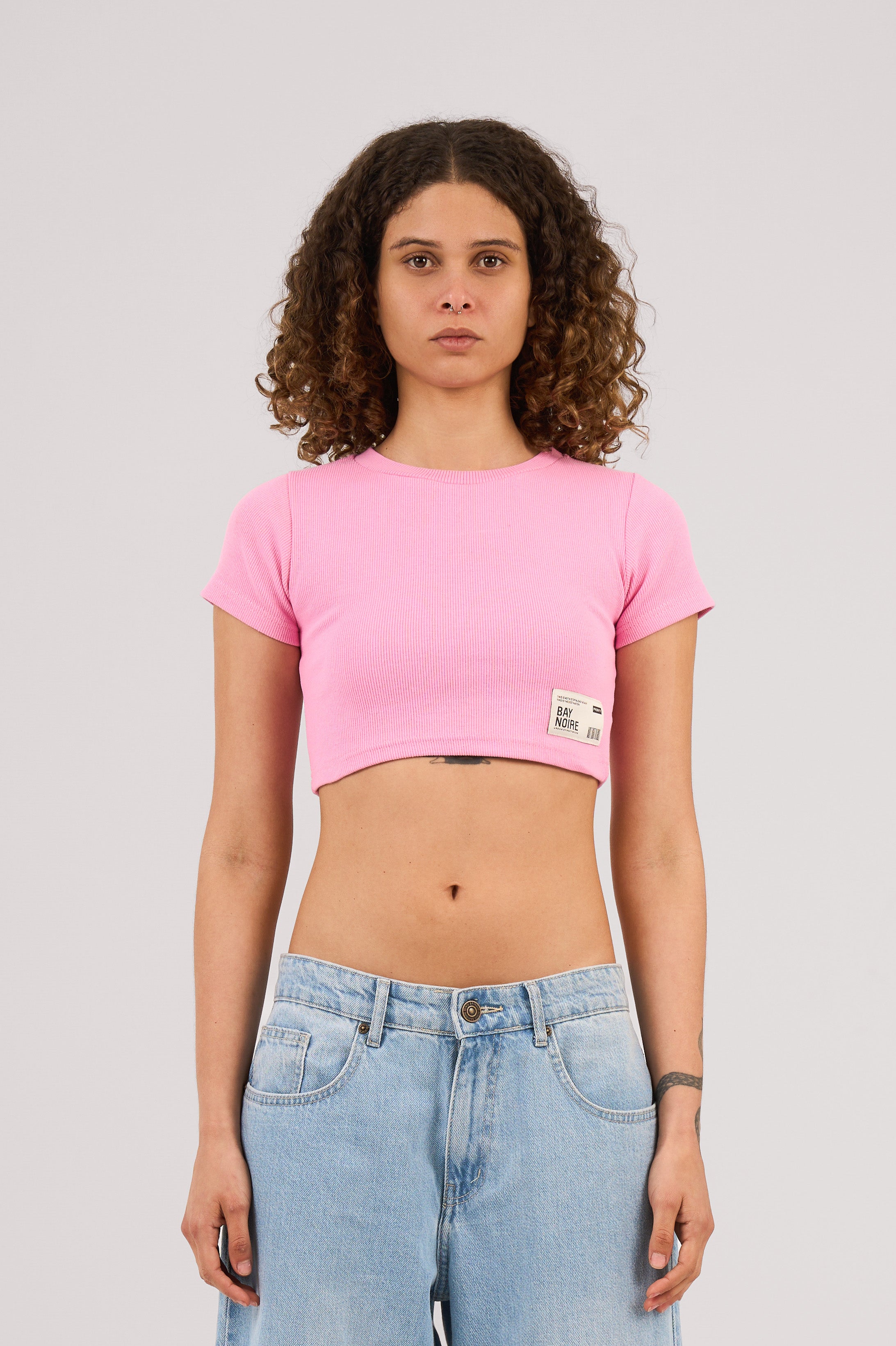 Pink Ribbed Cropped T-Shirt