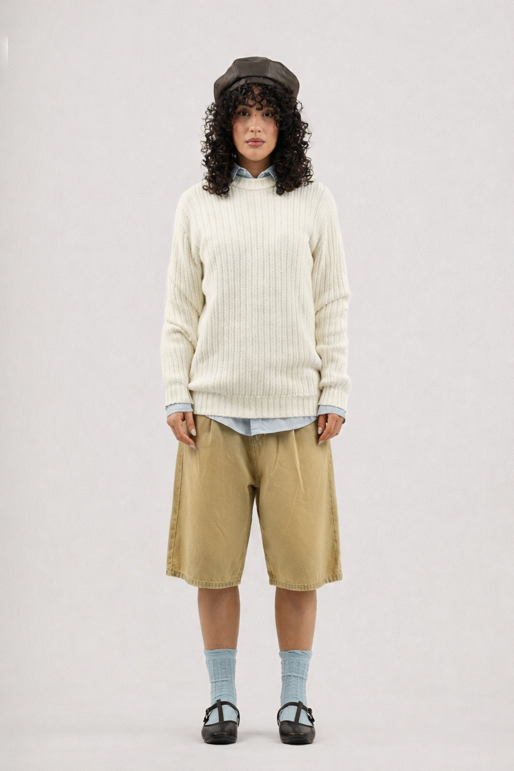 White Ribbed knit Crew Neck