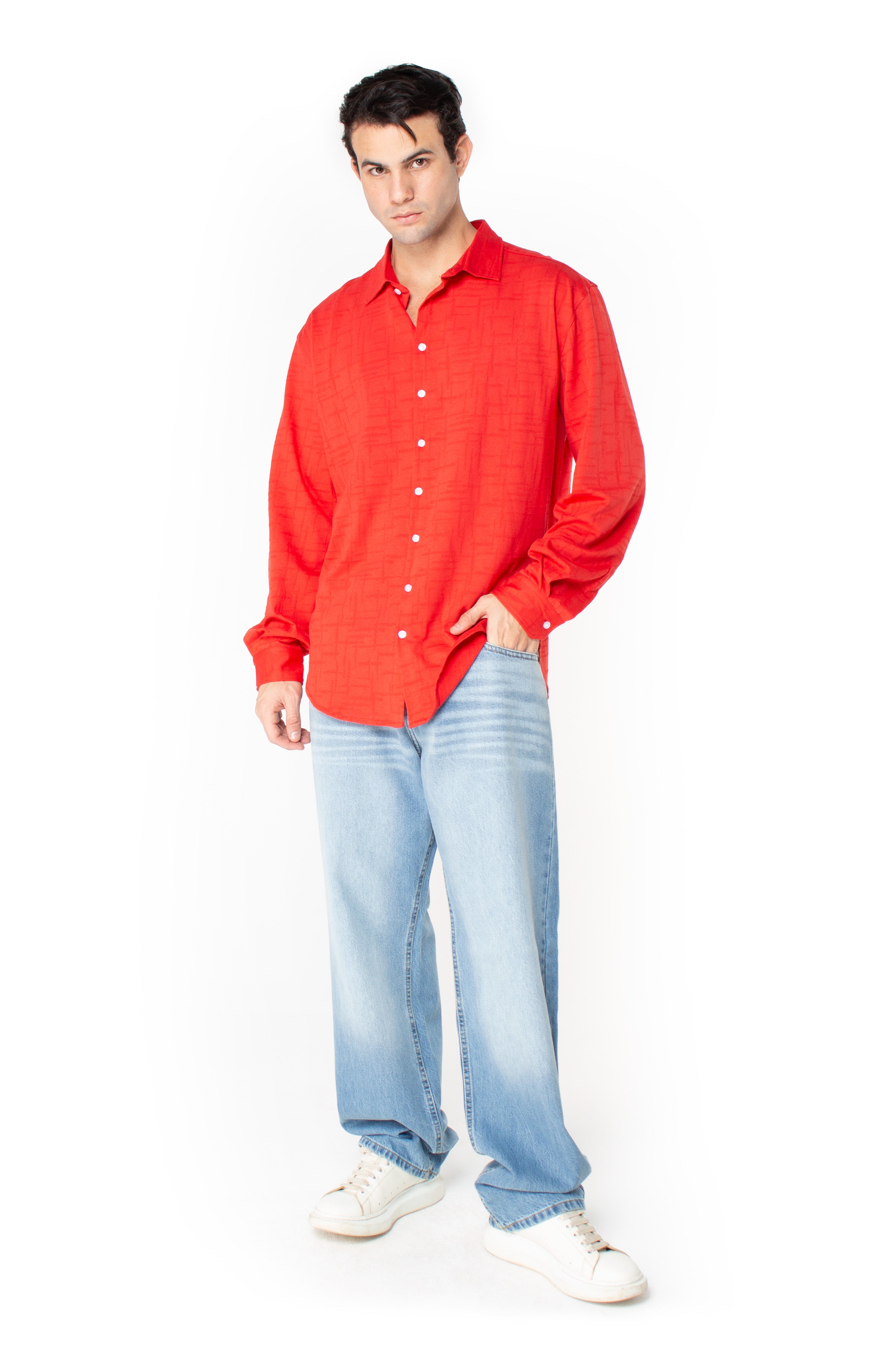 Red Jacquard Long-Sleeve Shirt