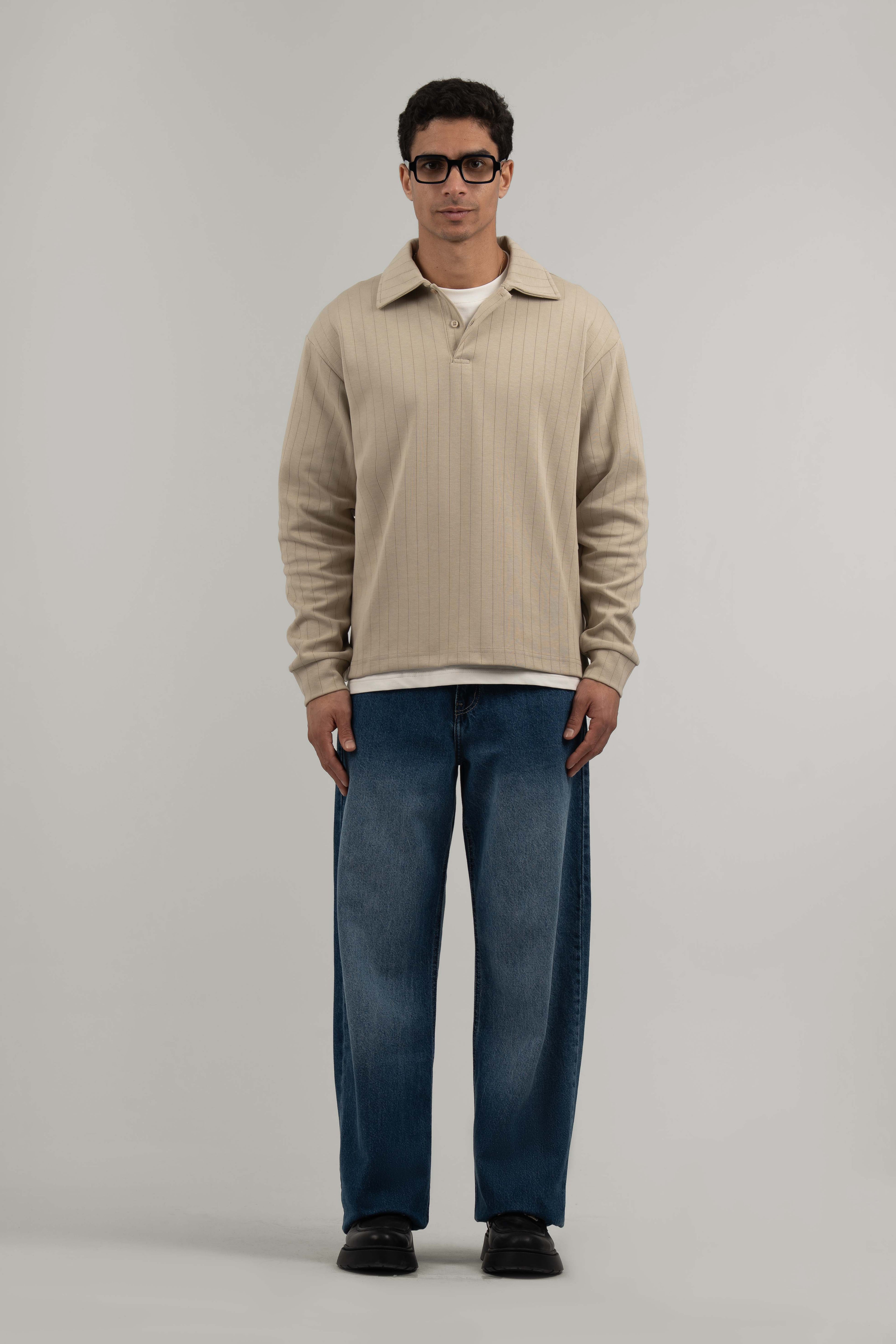 Beige Ribbed Polo Sweater