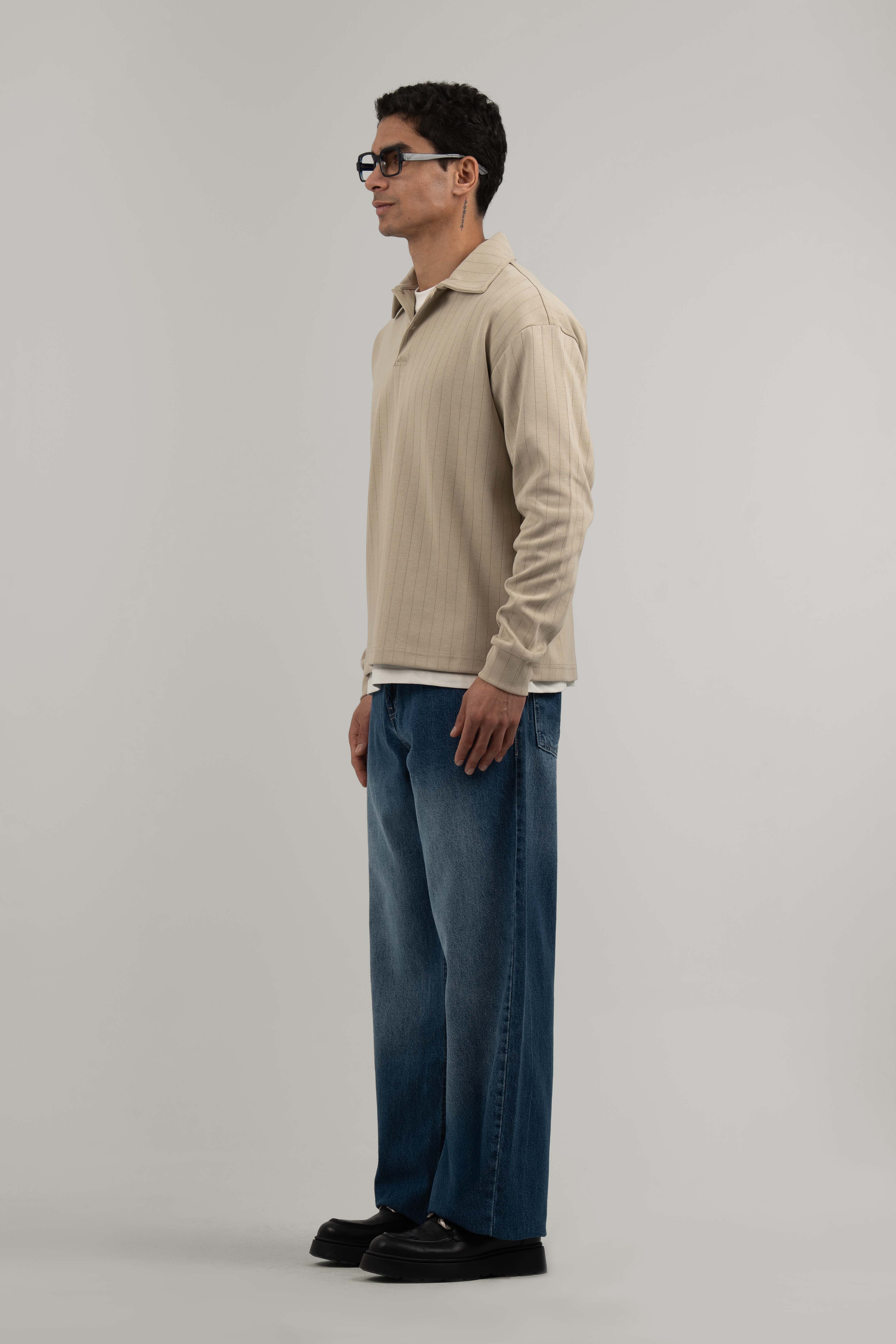 Beige Ribbed Polo Sweater