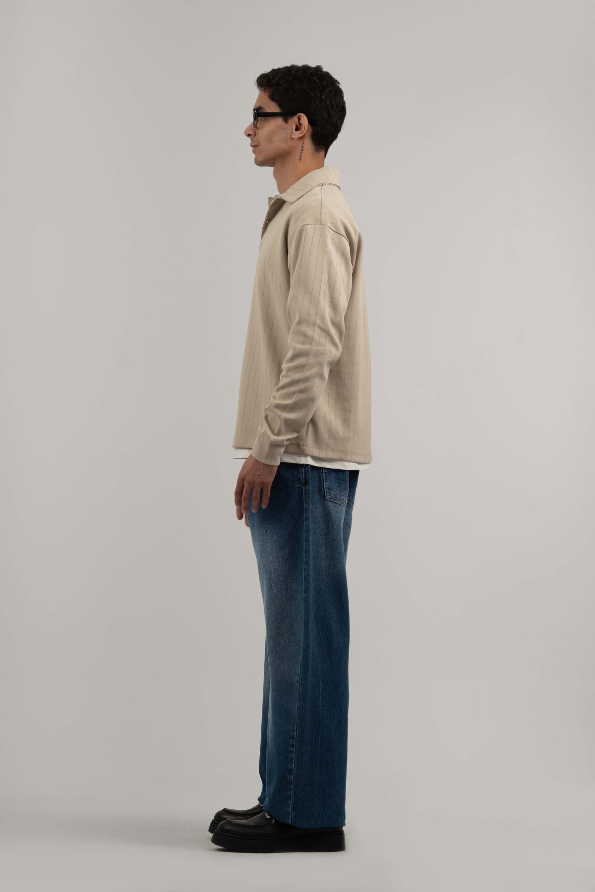 Beige Ribbed Polo Sweater