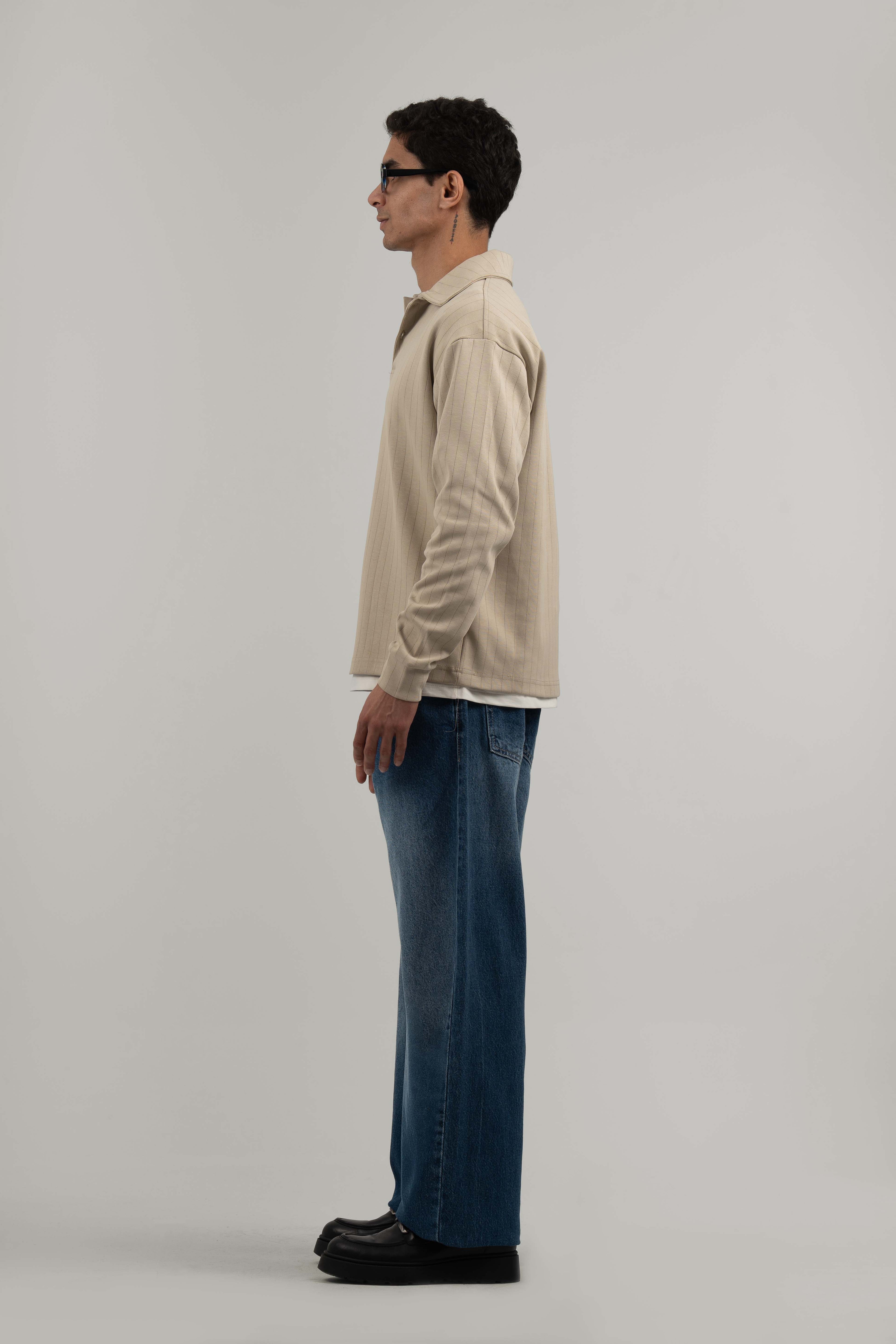 Beige Ribbed Polo Sweater