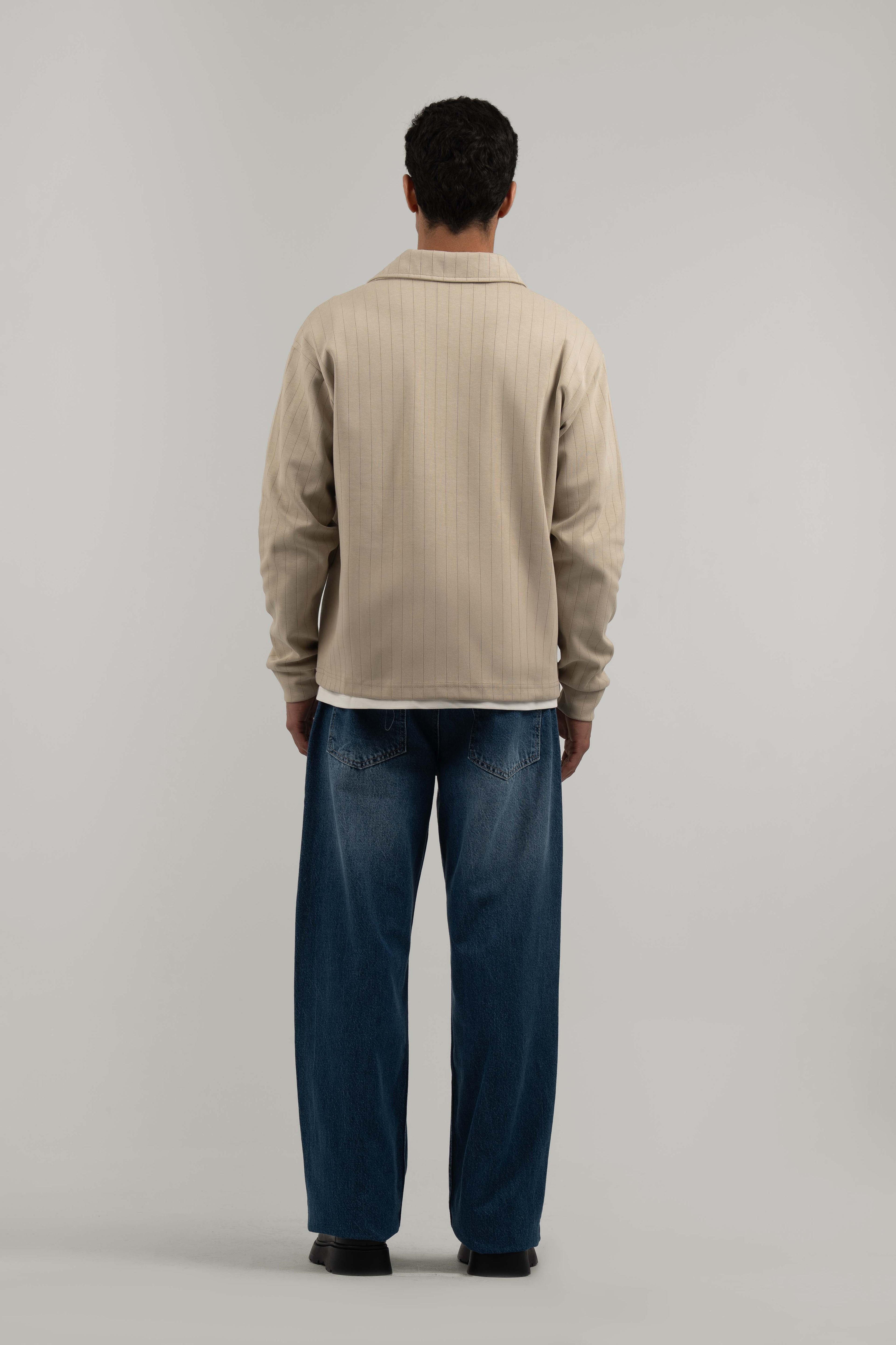 Beige Ribbed Polo Sweater