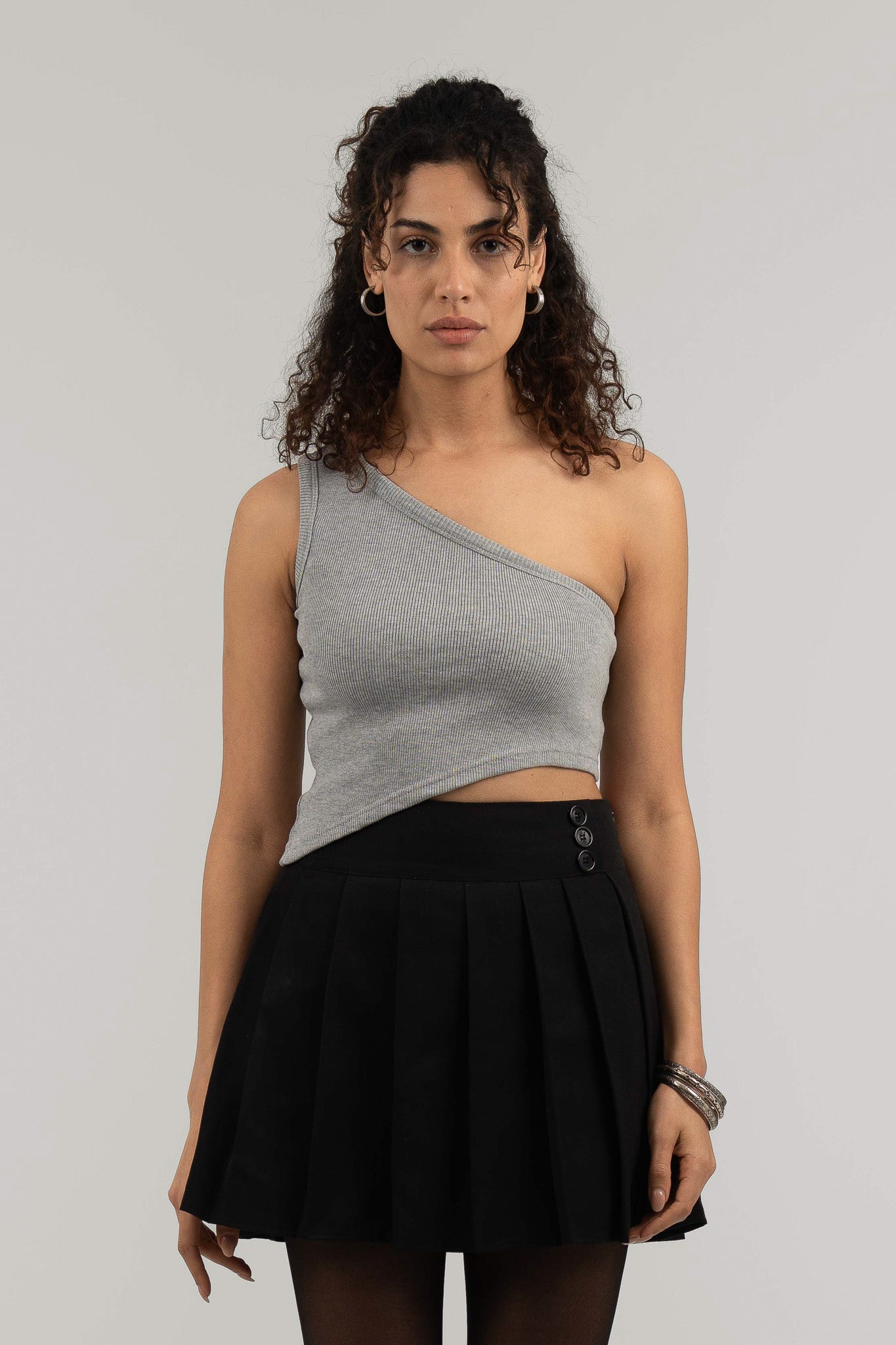 Grey Ribbed One Shoulder Crop Top