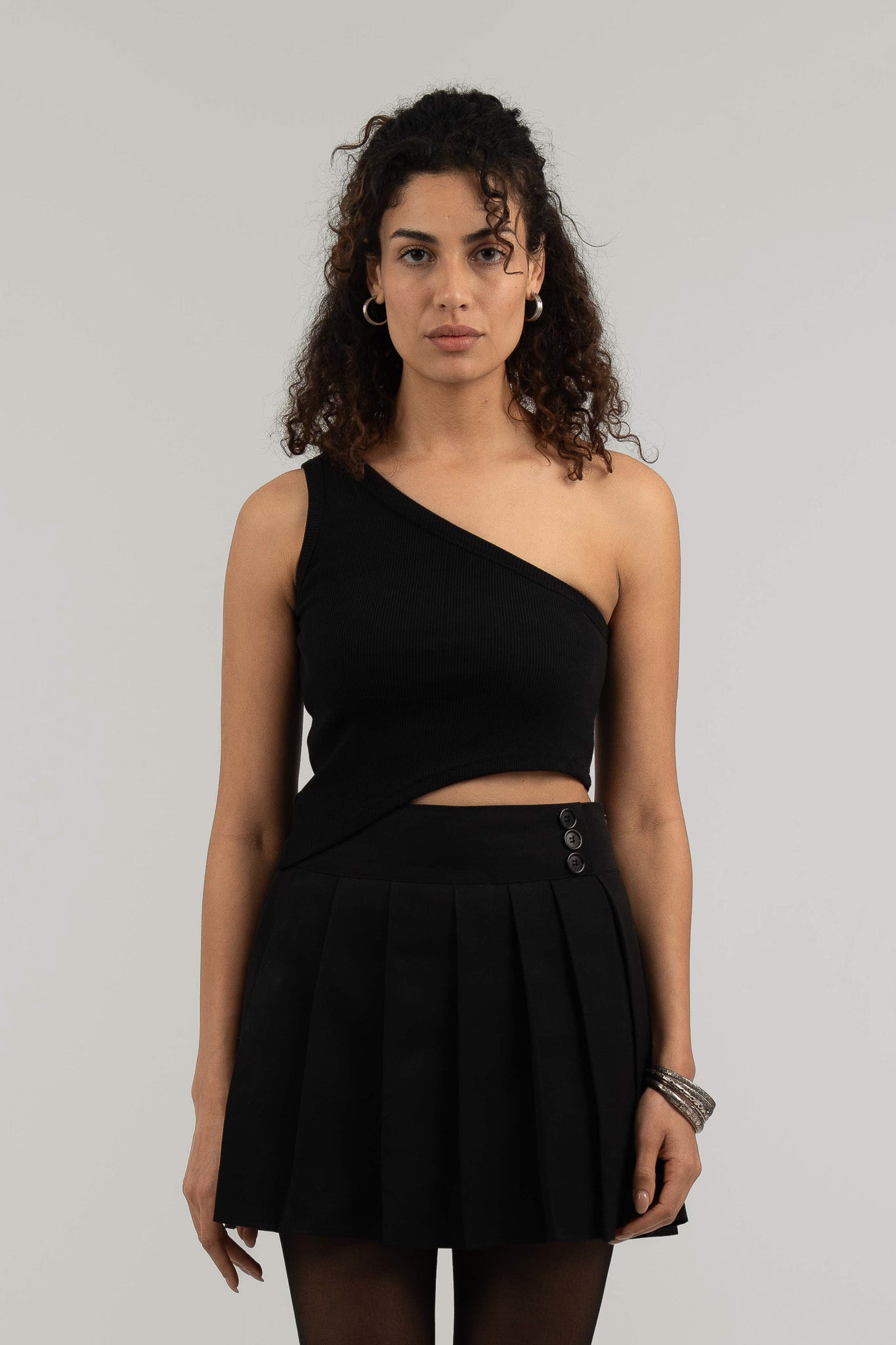 Black Ribbed One Shoulder Crop Top