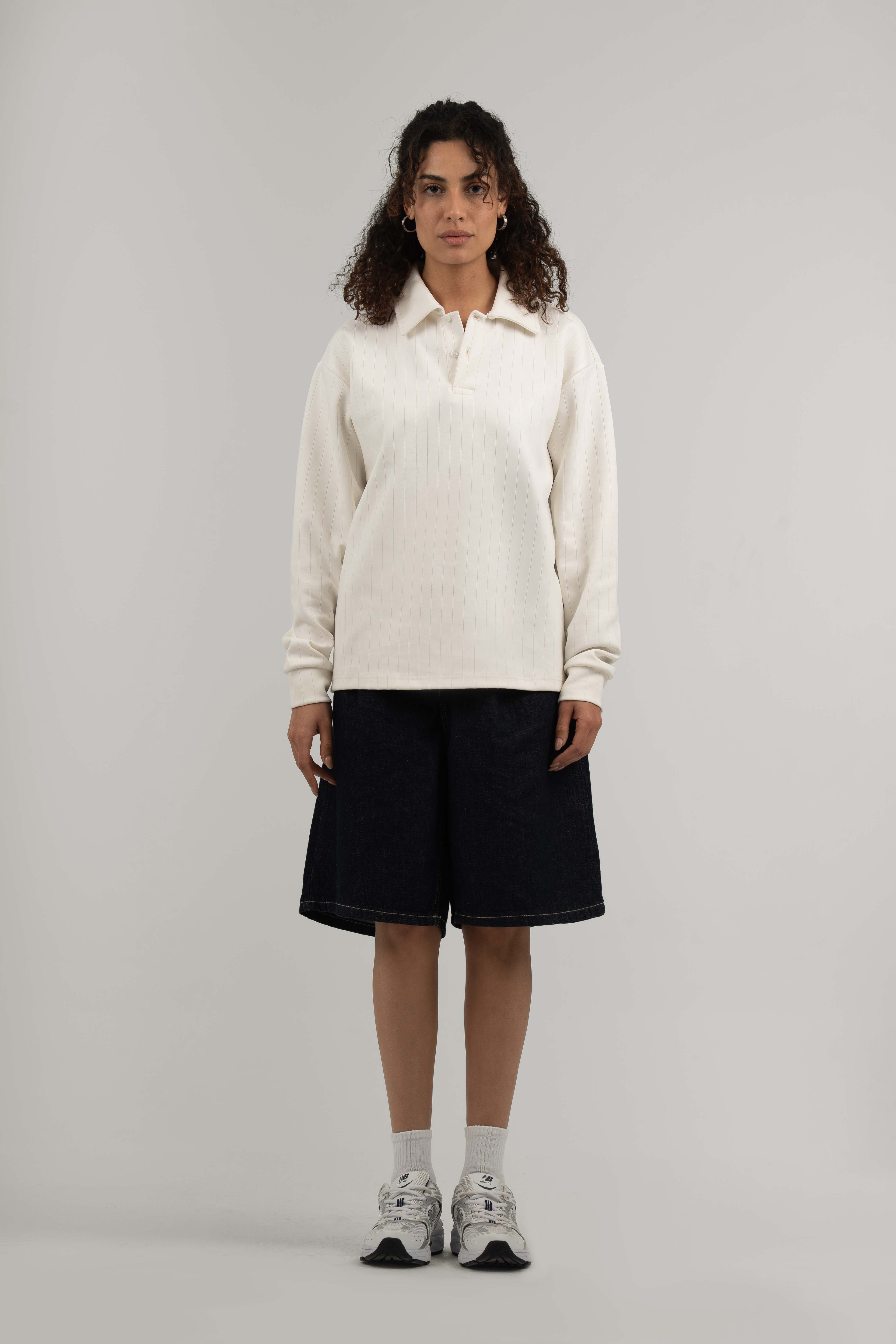 White Ribbed Polo Sweater