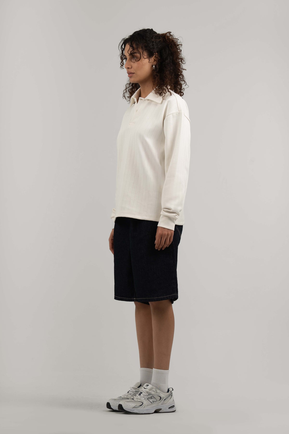 White Ribbed Polo Sweater