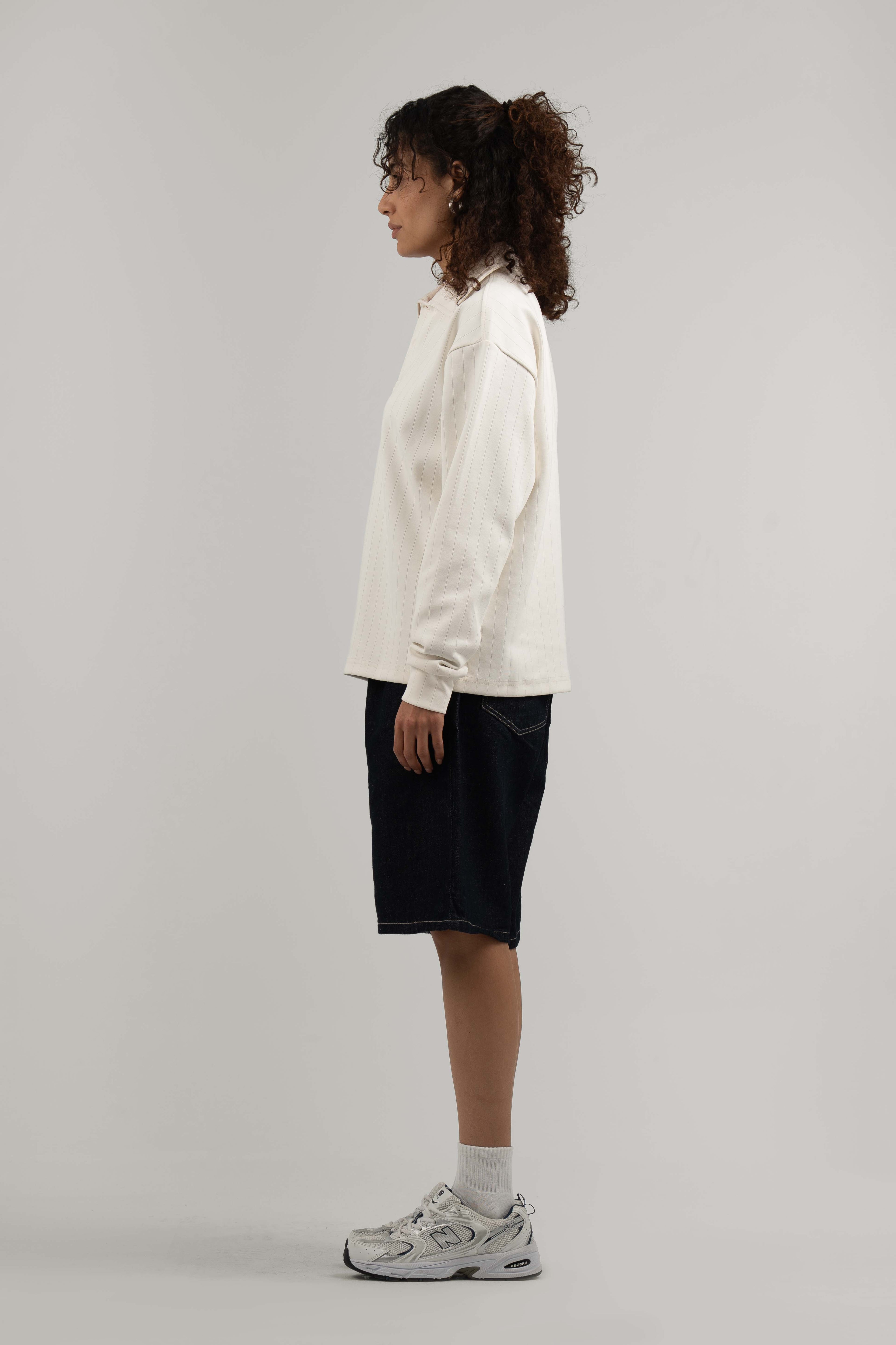 White Ribbed Polo Sweater