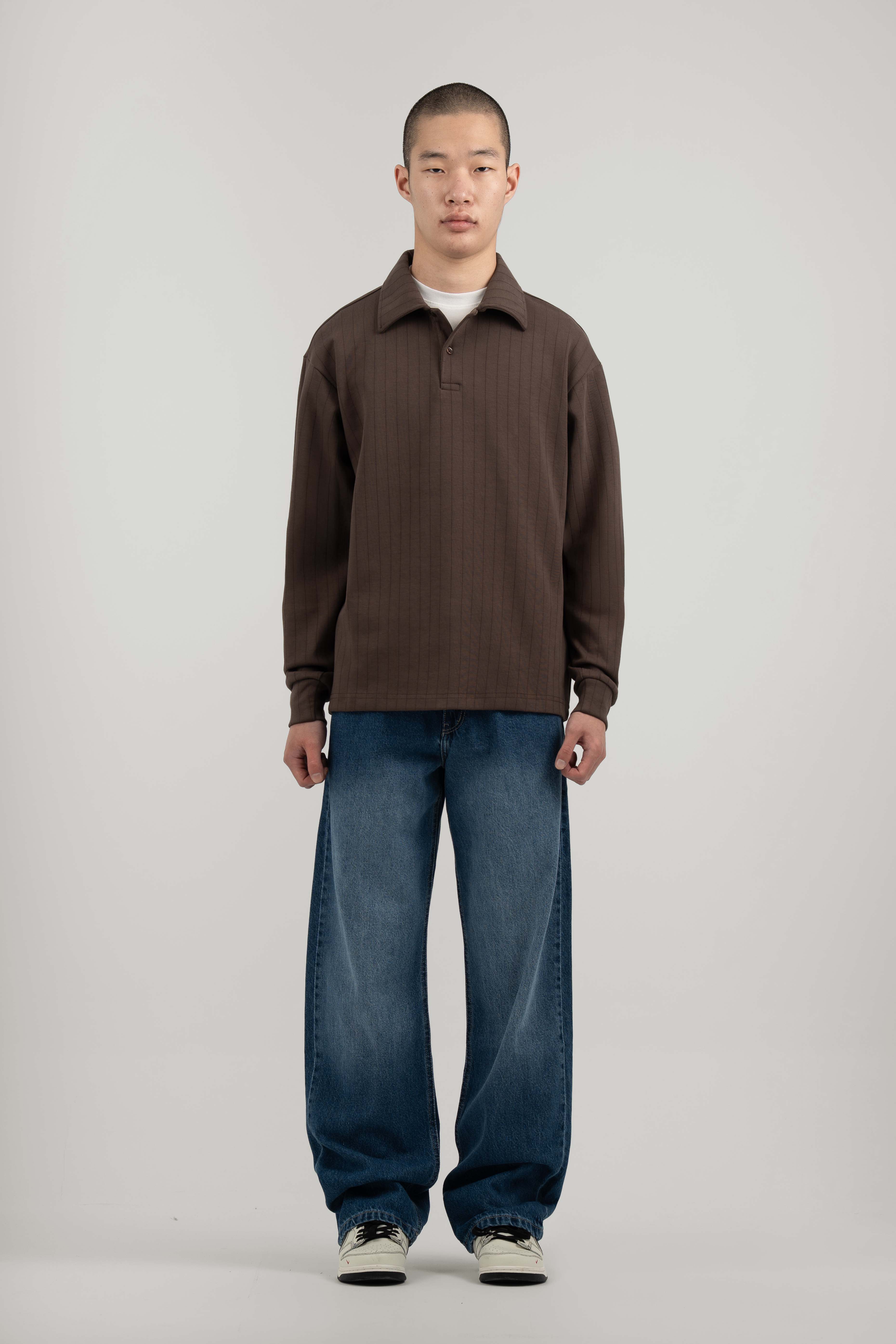 Brown Ribbed Polo Sweater