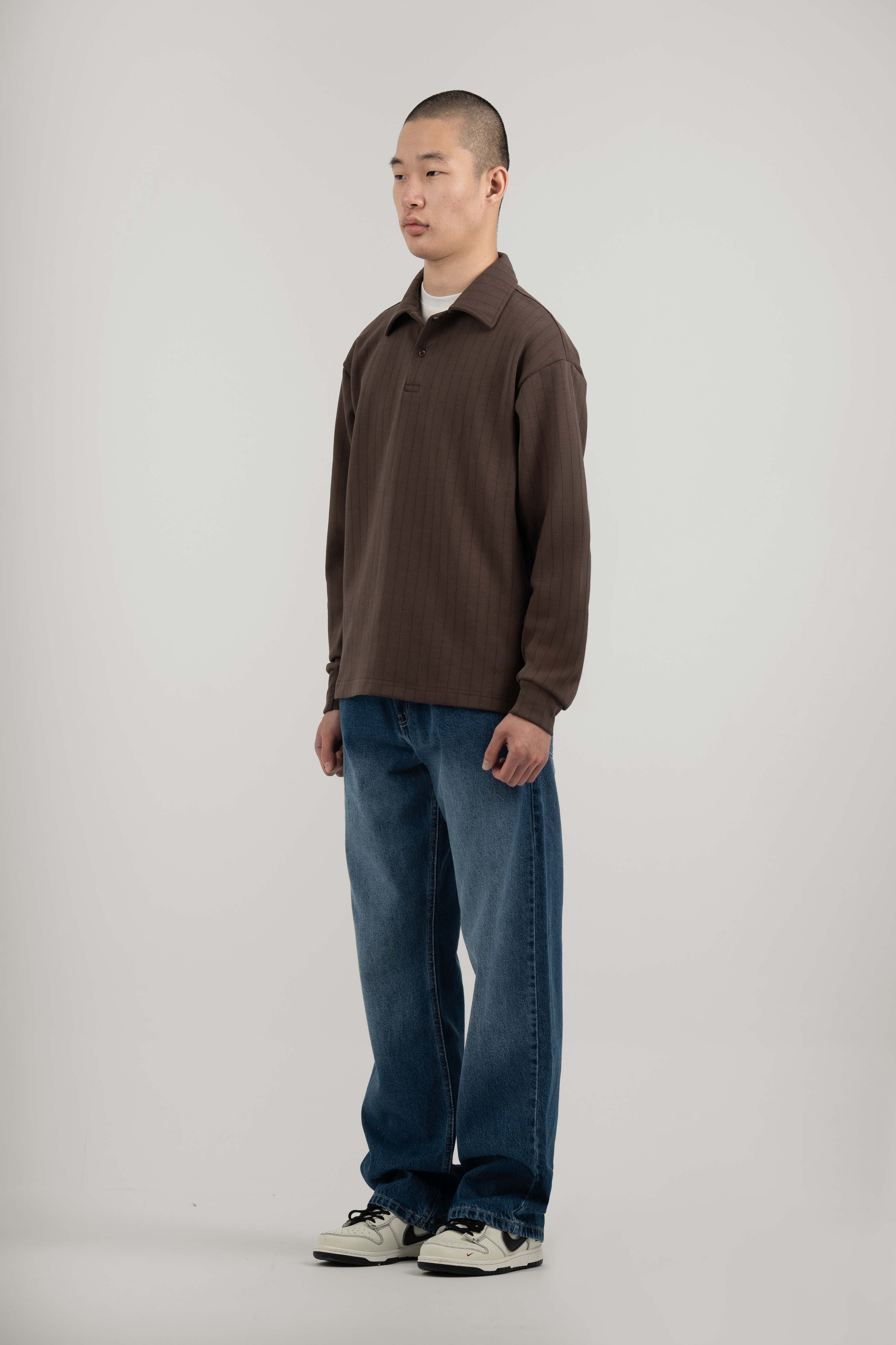 Brown Ribbed Polo Sweater