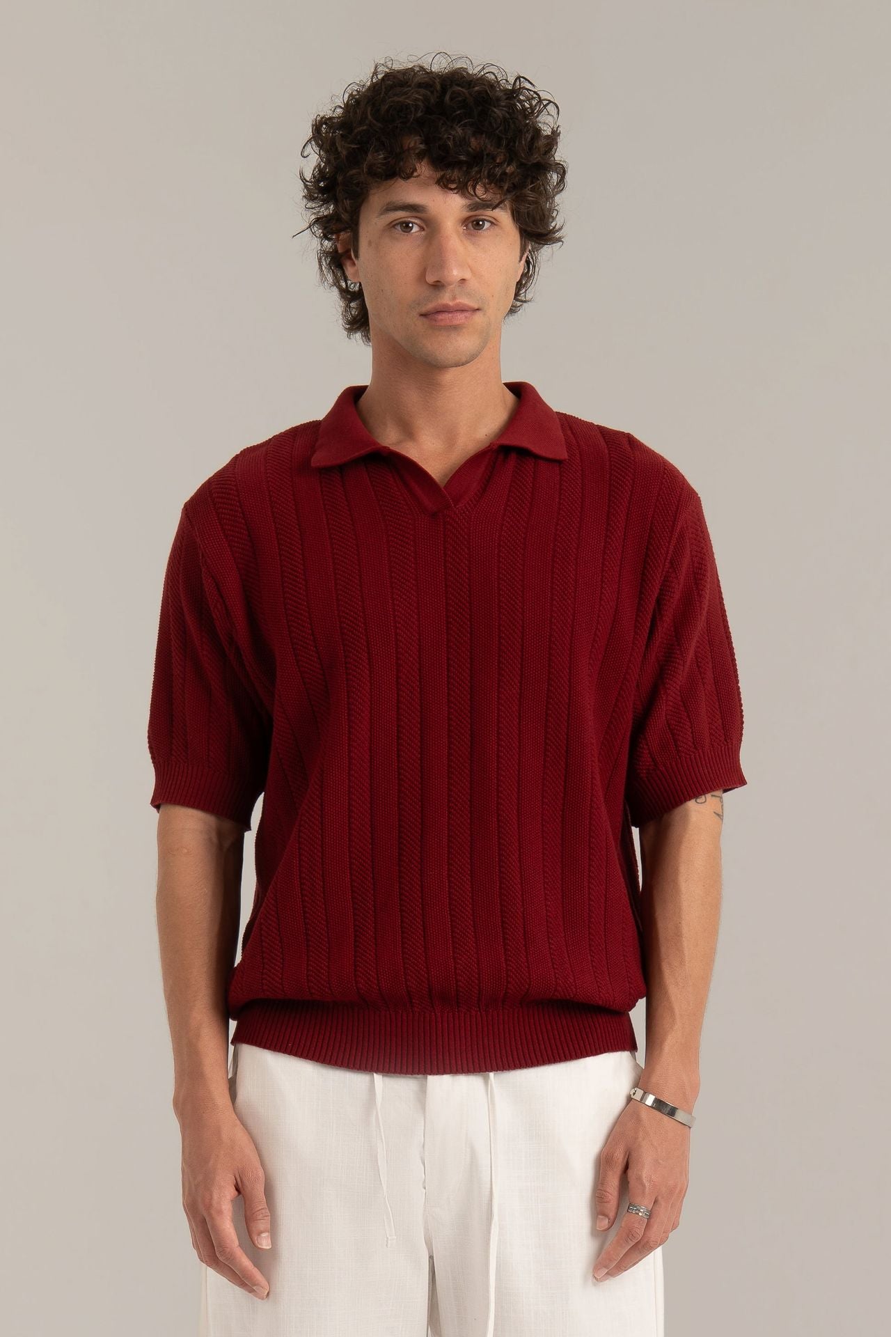 Burgundy R02 Knitted Polo Shirt