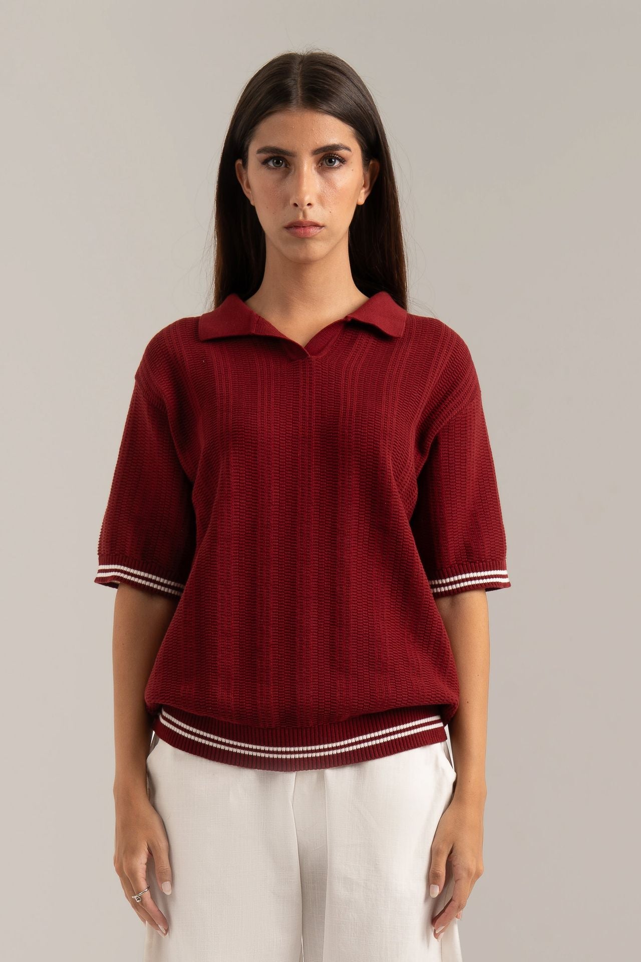Burgundy Knitted Polo Shirt
