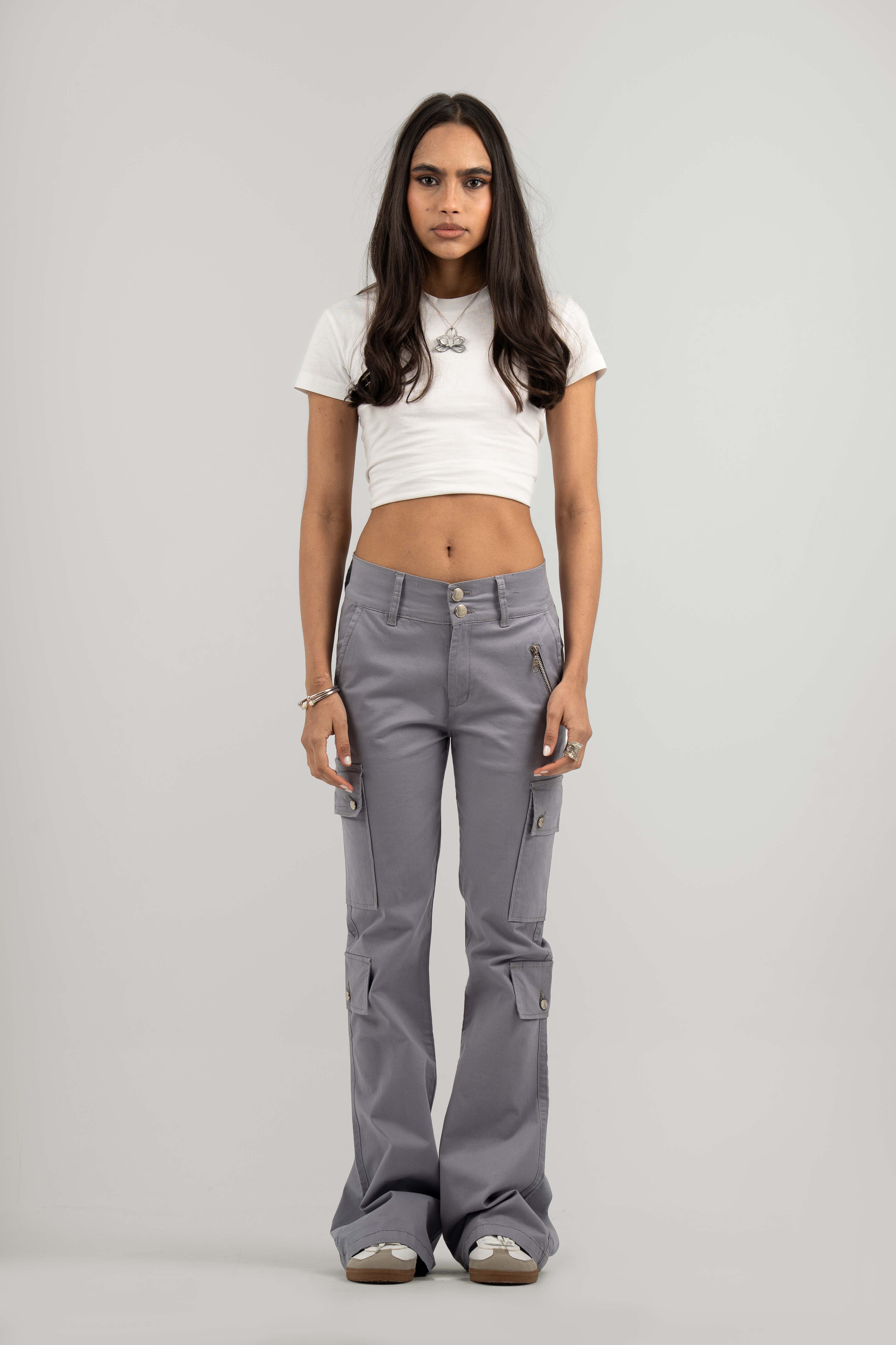 Grey Wide Leg Cargo Pants