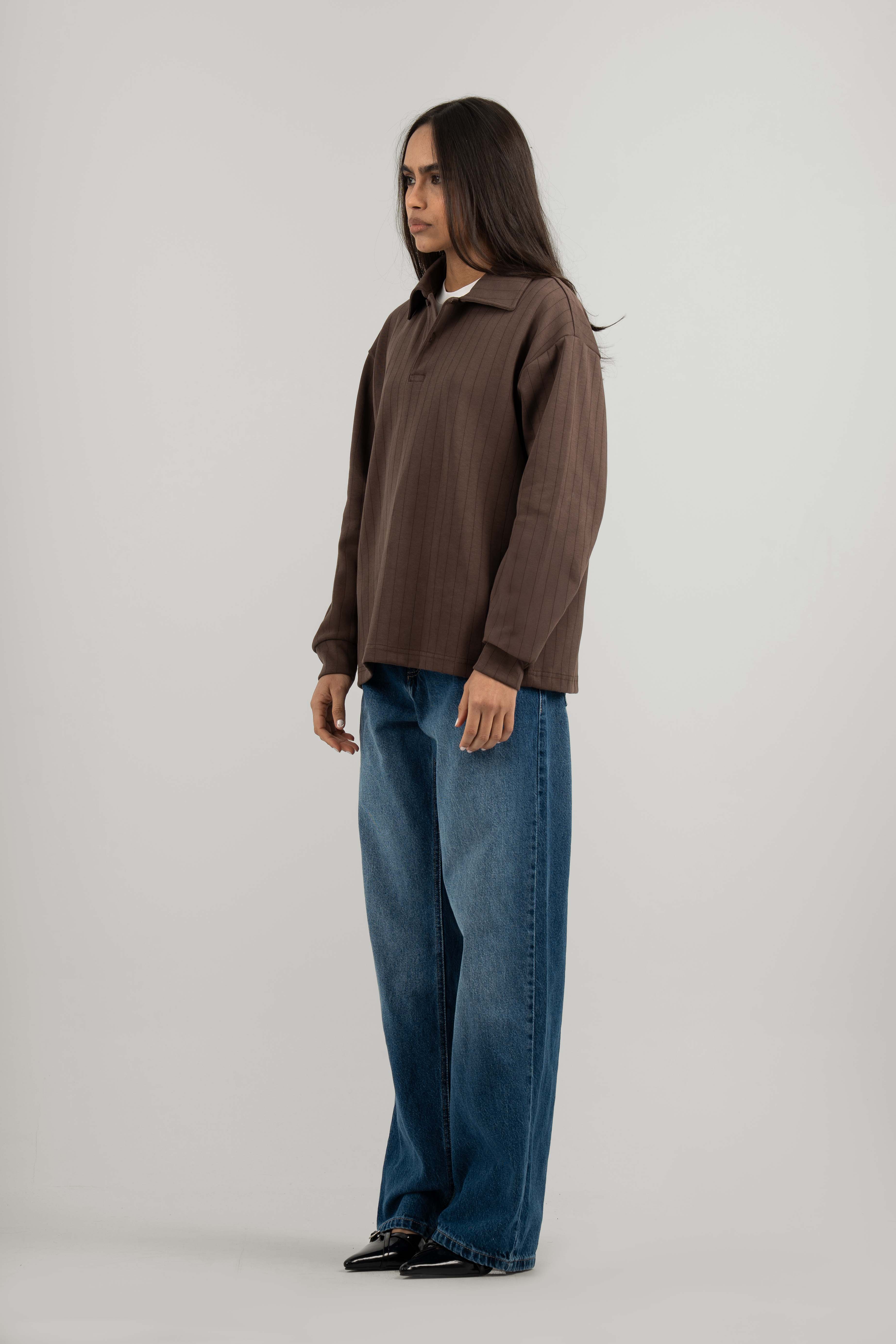 Brown Ribbed Polo Sweater