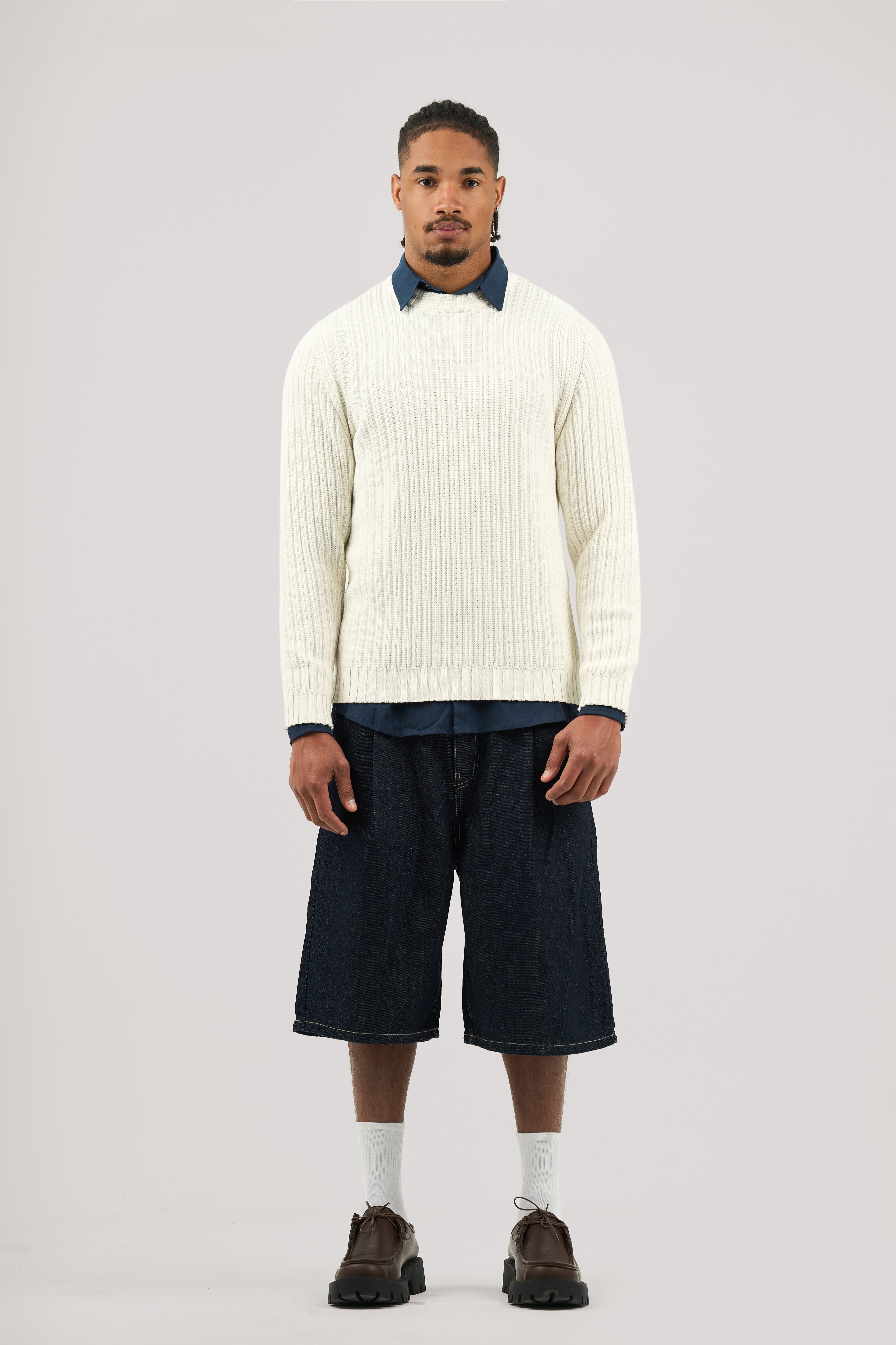 White Ribbed knit Crew Neck