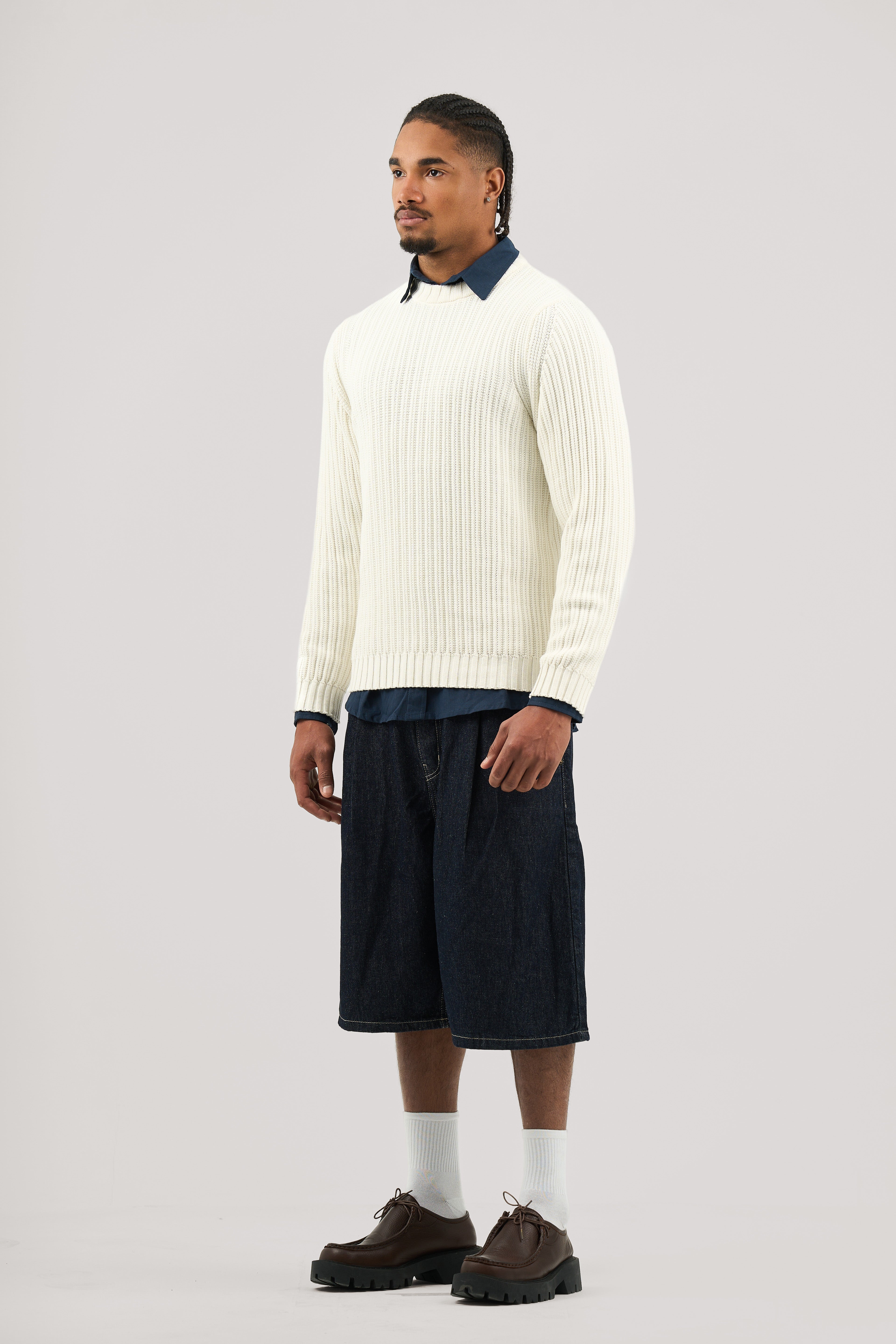 White Ribbed knit Crew Neck