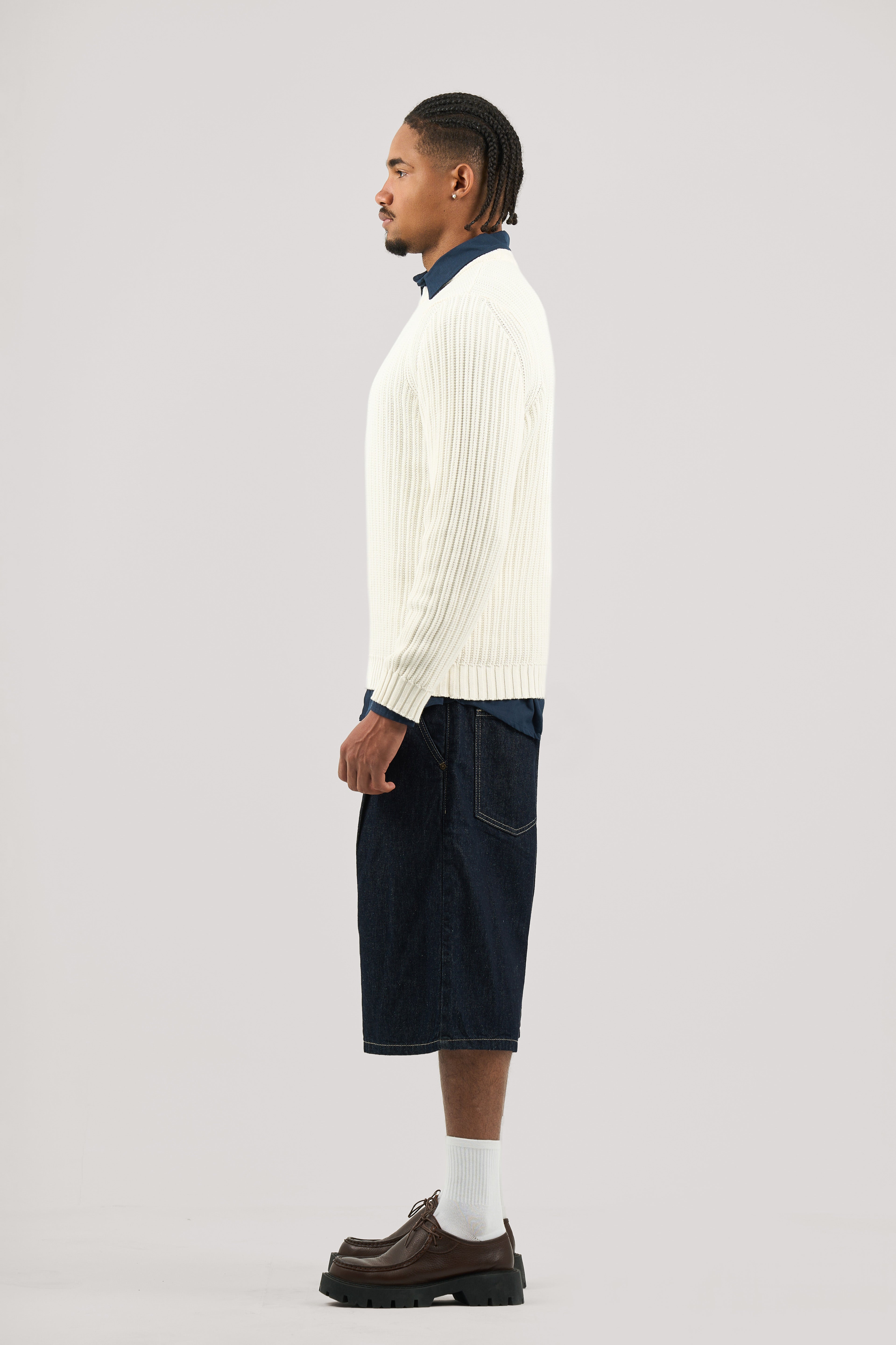 White Ribbed knit Crew Neck