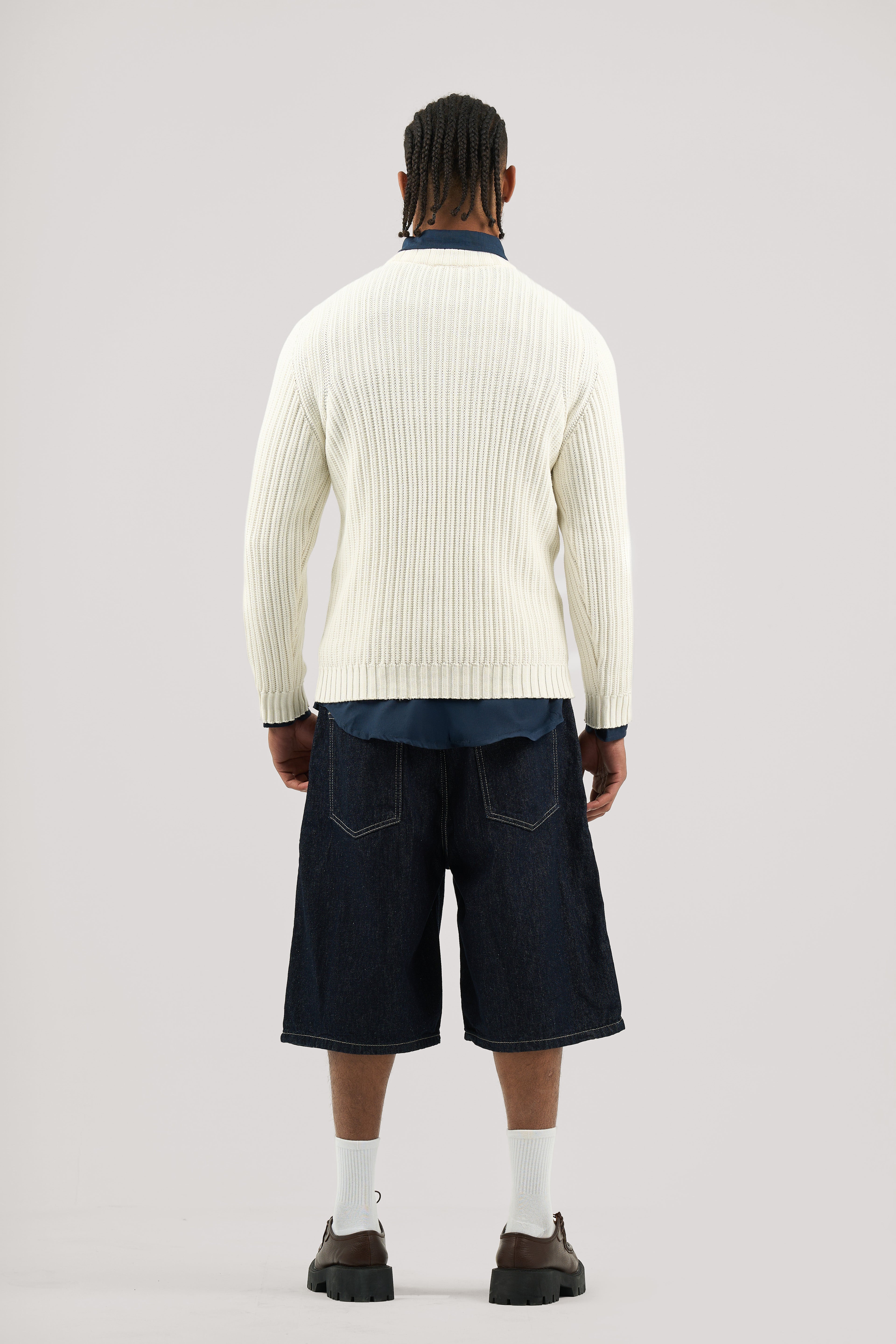 White Ribbed knit Crew Neck