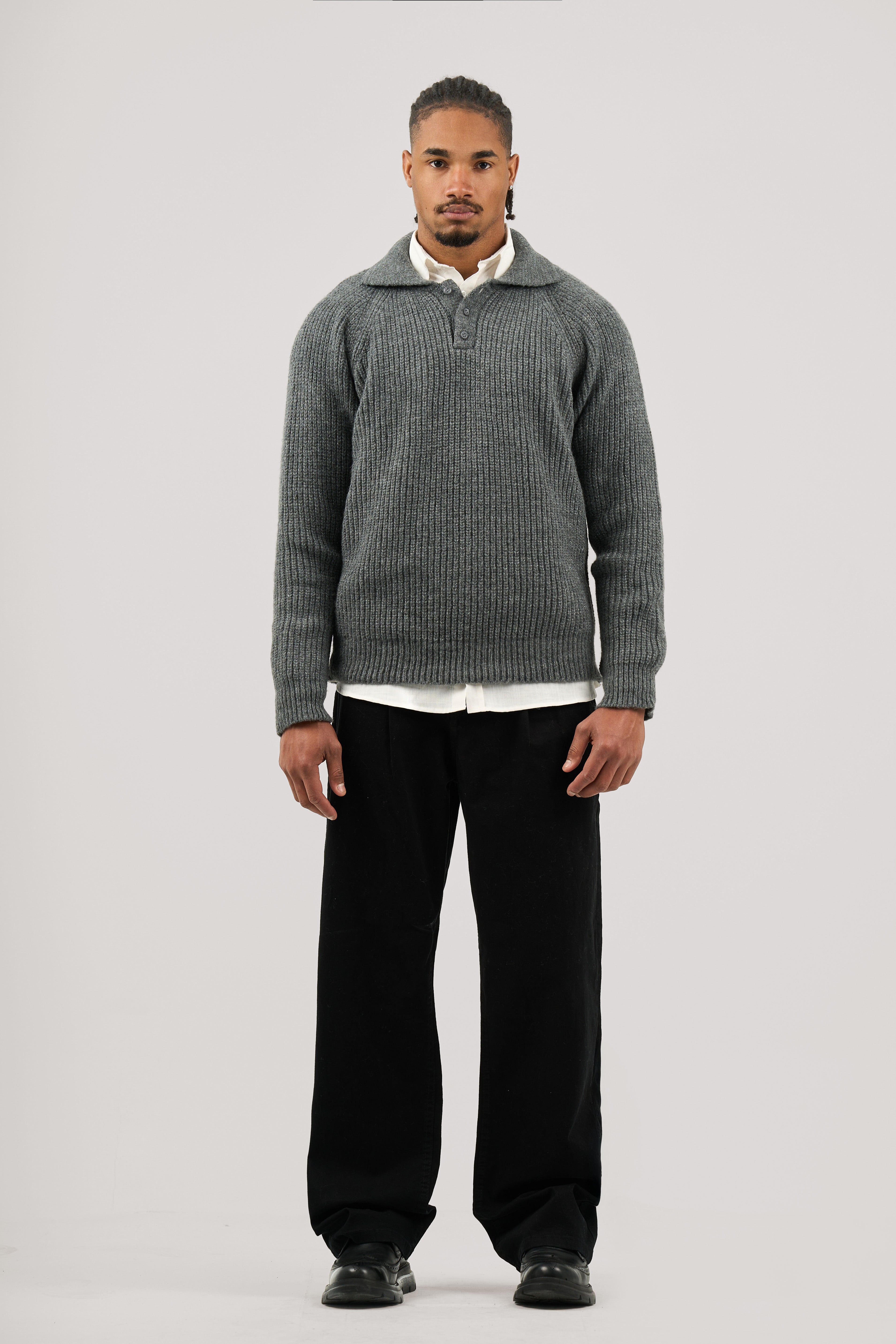 Dark Grey Ribbed Polo Knitted