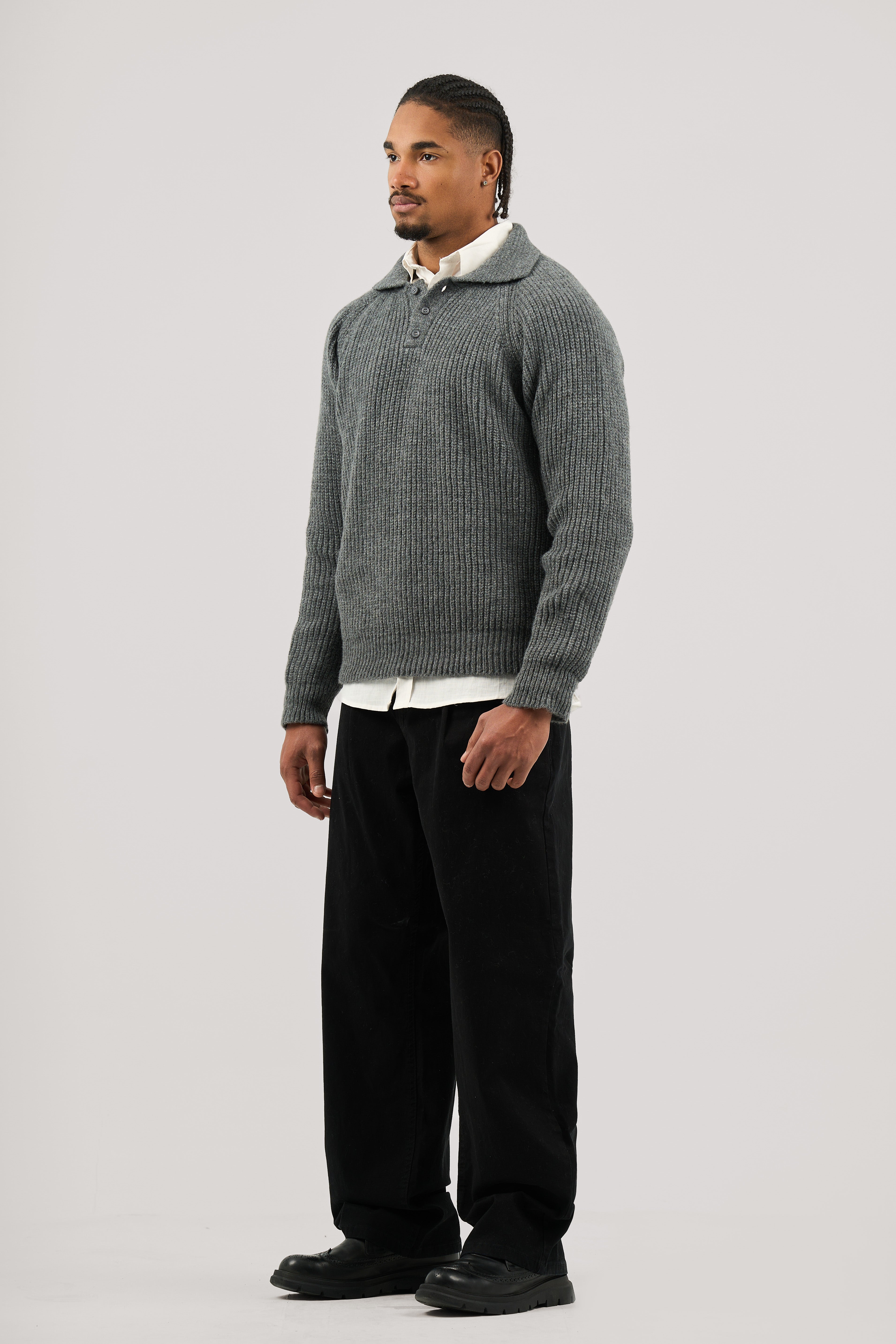 Dark Grey Ribbed Polo Knitted