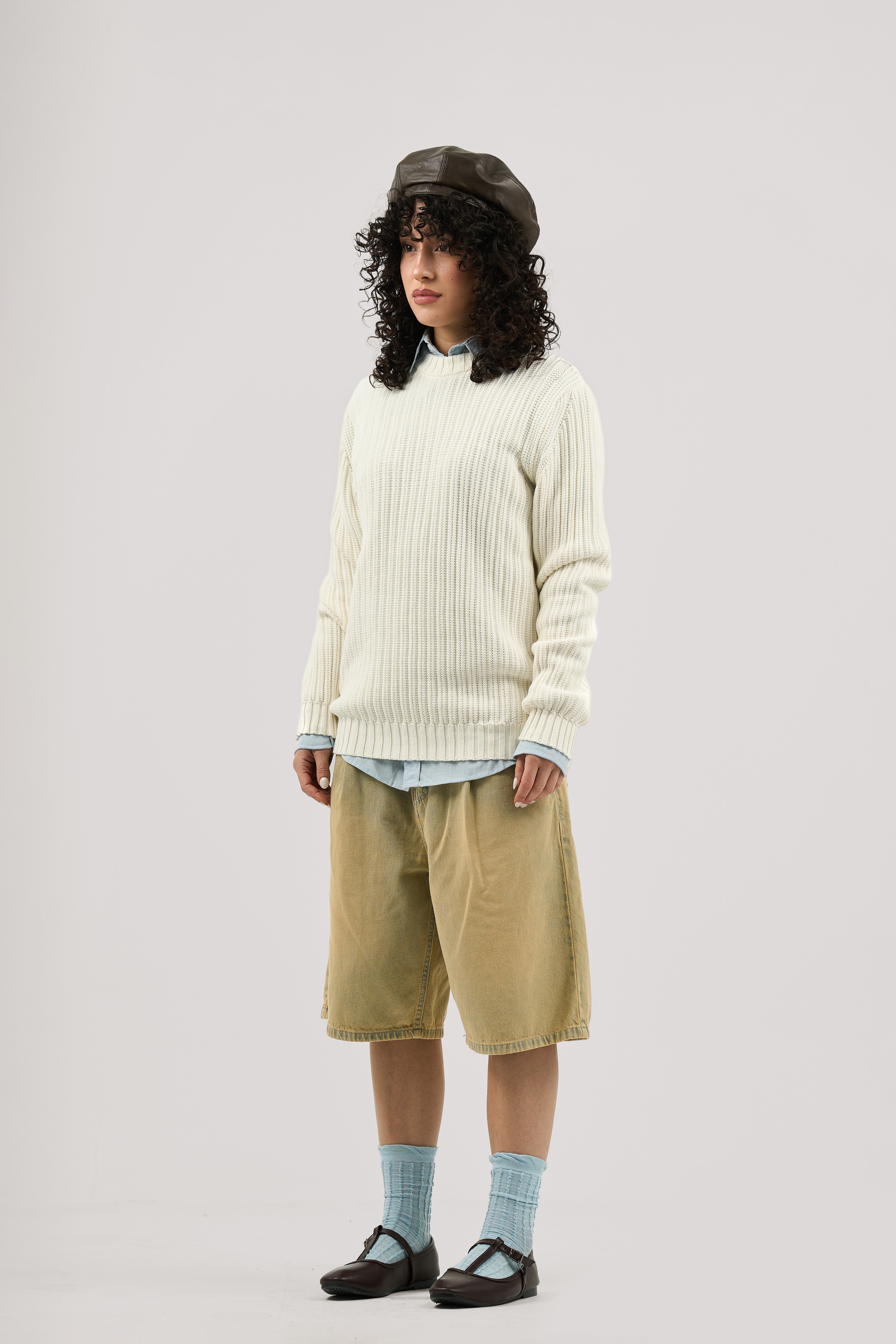 White Ribbed knit Crew Neck