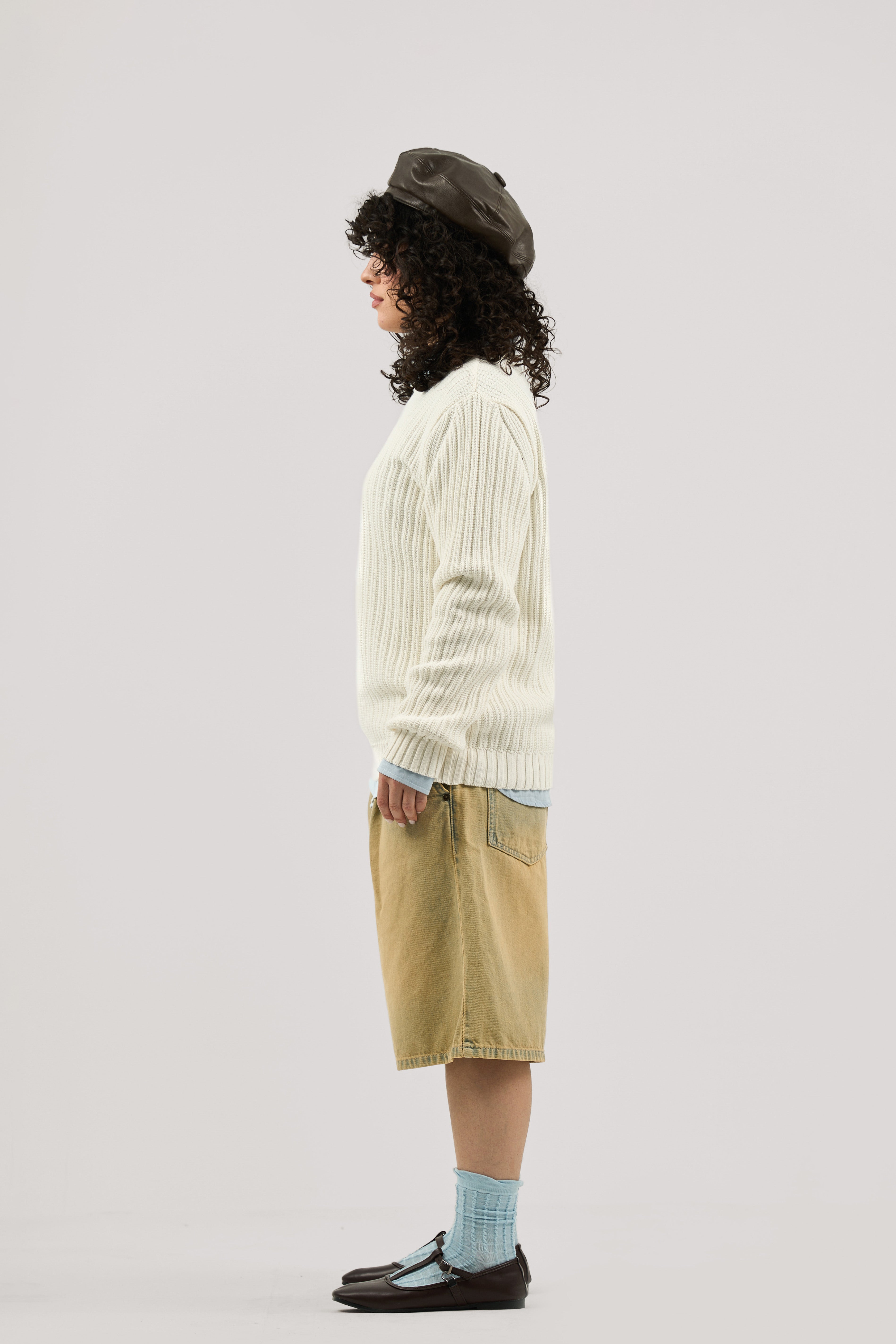 White Ribbed knit Crew Neck