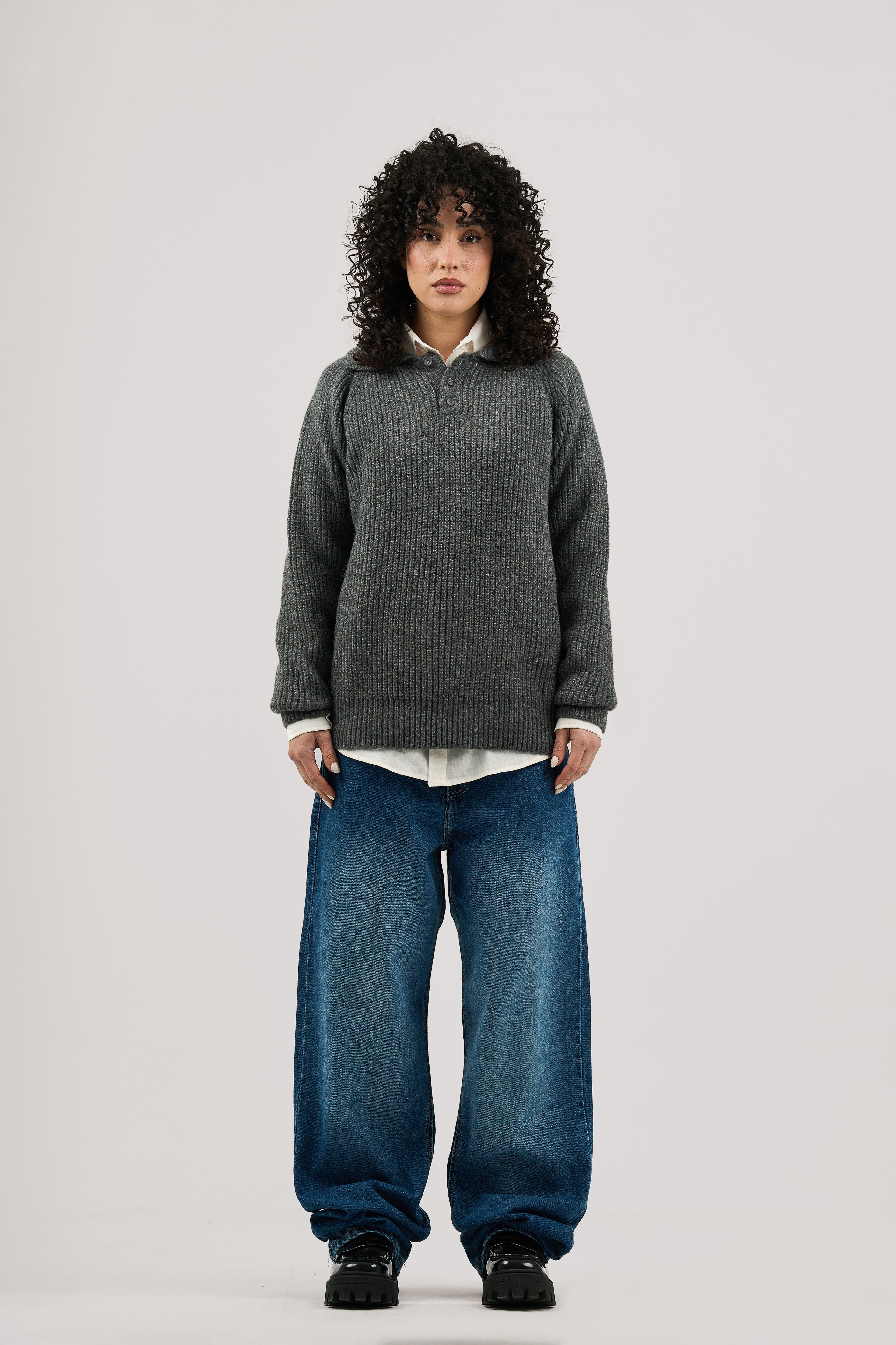 Dark Grey Ribbed Polo Knitted