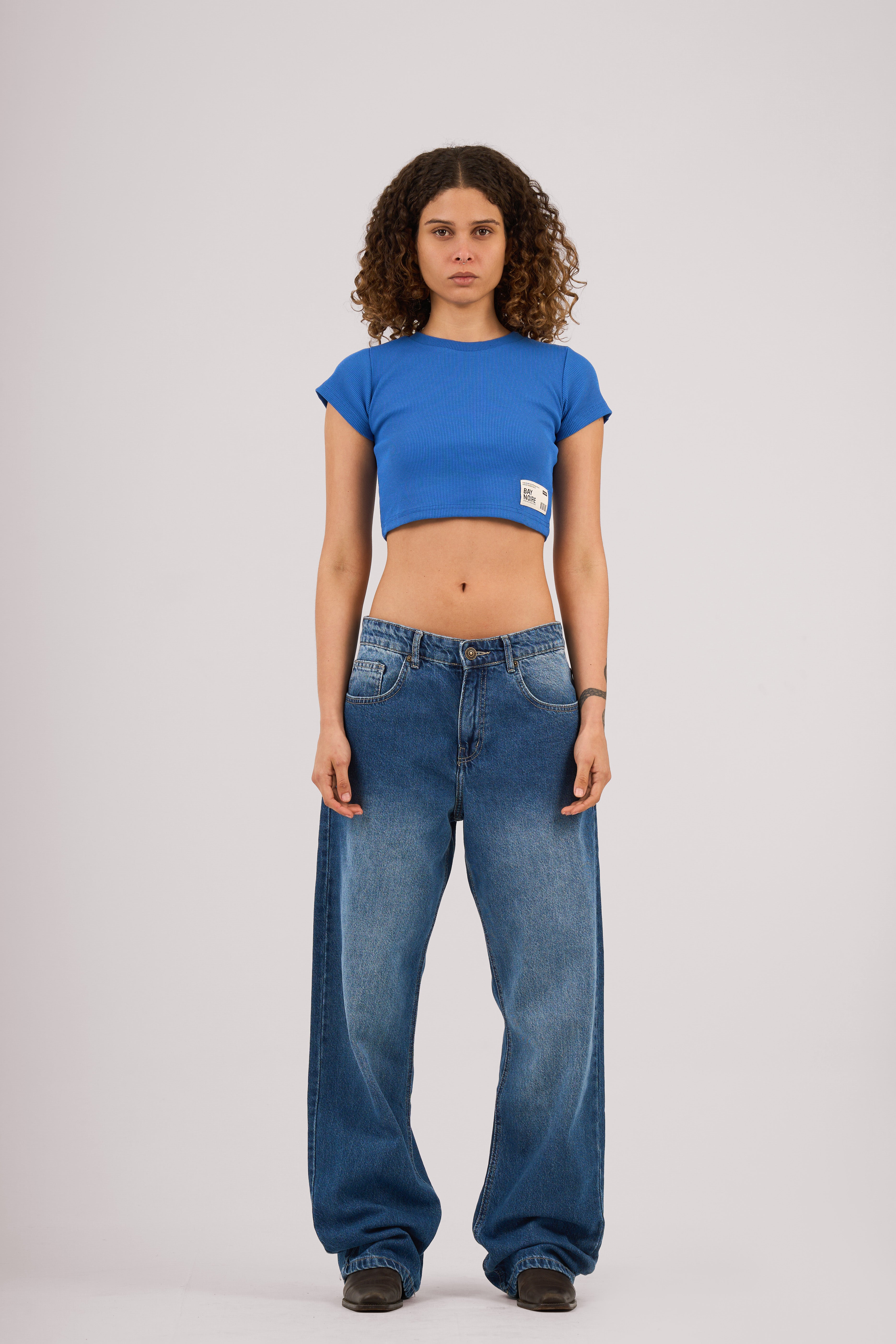 Blue Ribbed Cropped T-Shirt
