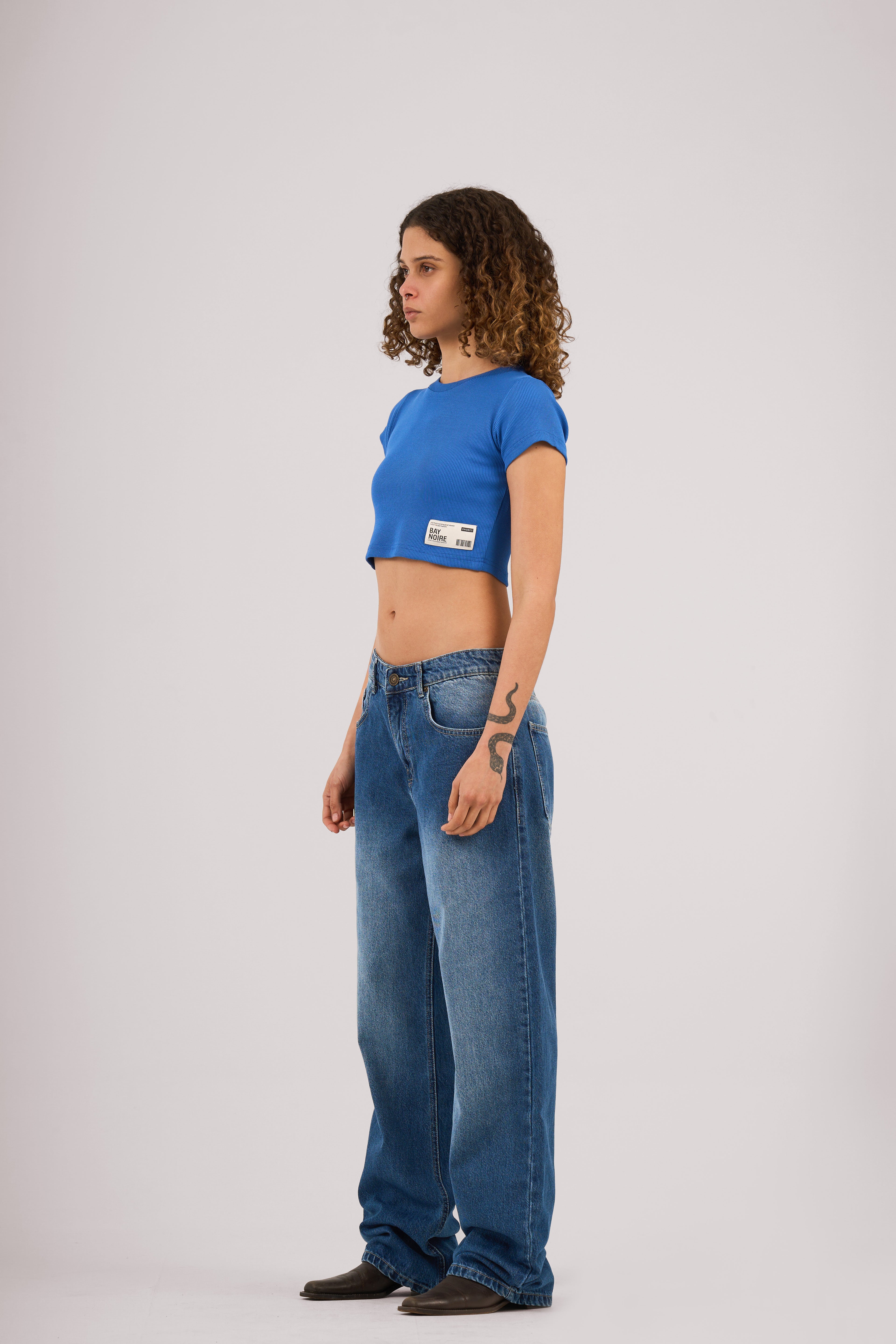 Blue Ribbed Cropped T-Shirt